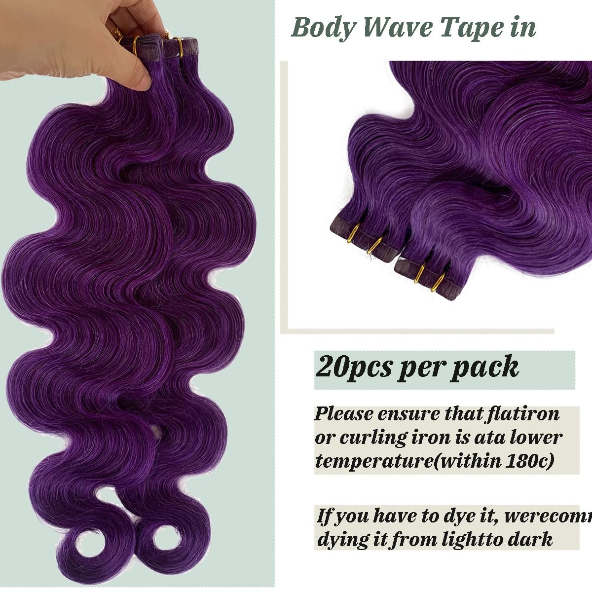 Body Wave Tape-in Human Hair Extensions, Purple 100% Remy Soft Sea
