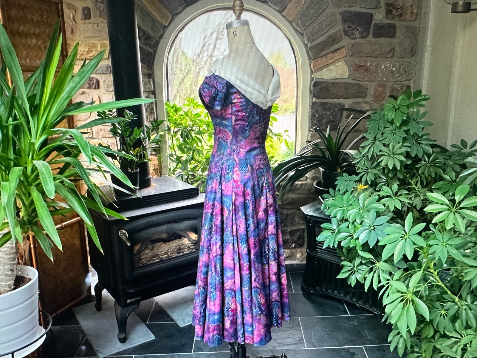 Vintage 1980s Off Shoulder Dress Deep Plum Blue Gold Print Chiffon Lace Neckline
