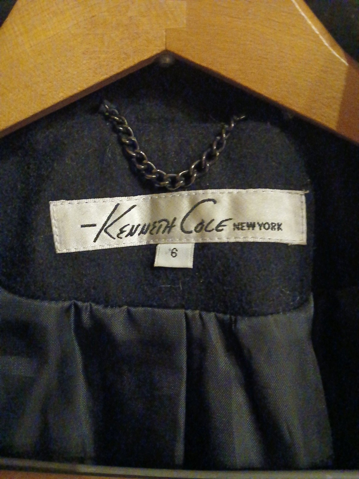 Vintage Kenneth Cole black wool blend mid length walker Pea coat side buckles 6