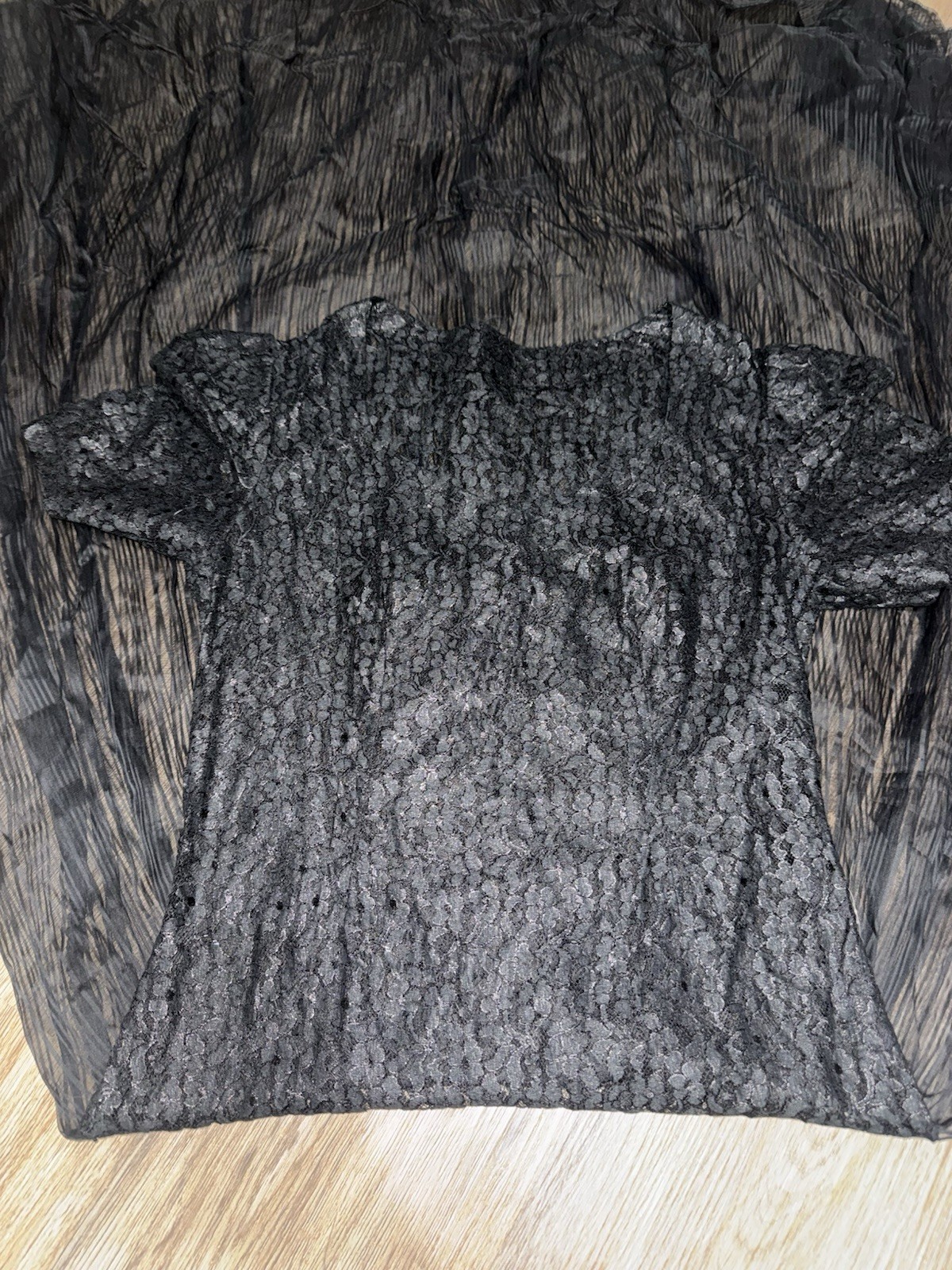 VTG Black Floral Lace Maxi Gown Sheer Tulle Skirt Gothic Whimsical XS S 56″ L