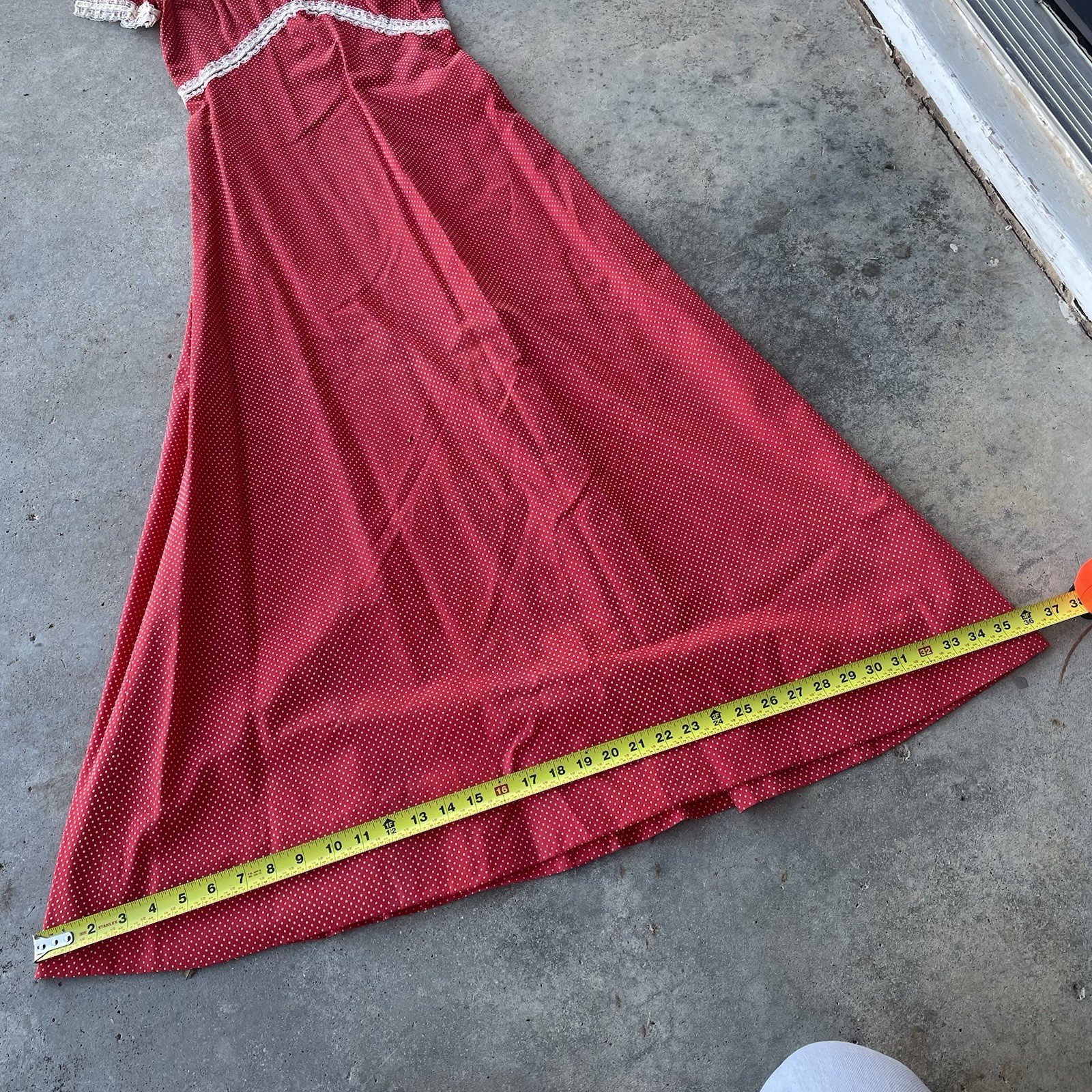 Prairie Cottage Core Vtg 70s Maxi Dress Red White Polka Dot Lace Trim Women’s S