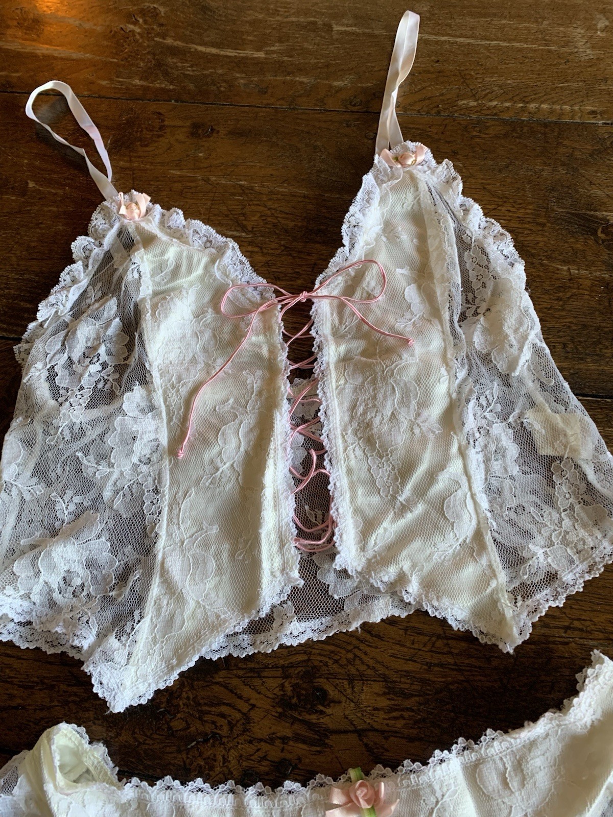 Vintage Emil Bole Corset Panties White Lace Rose Lingerie Lace Up Size Large