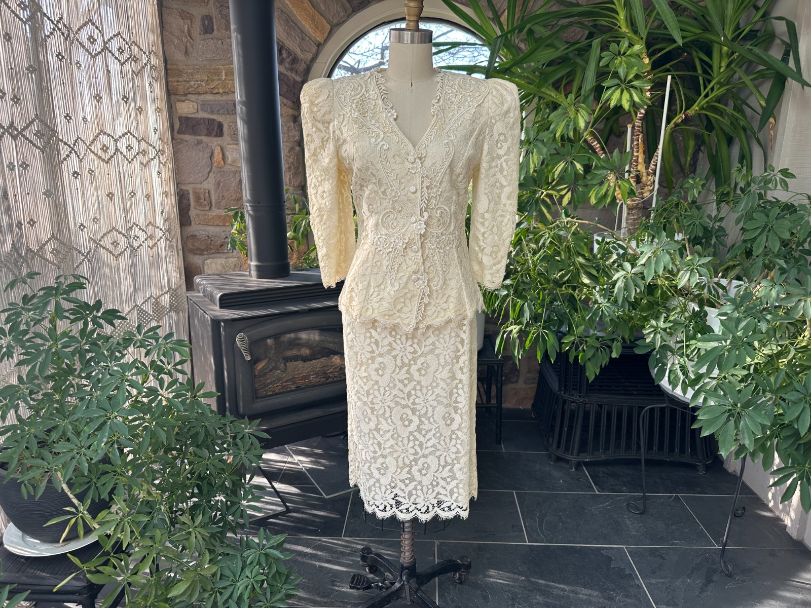 Vintage 1980s Greg Adams Formal 2 Piece Ivory Lace Bridal Wedding Suit