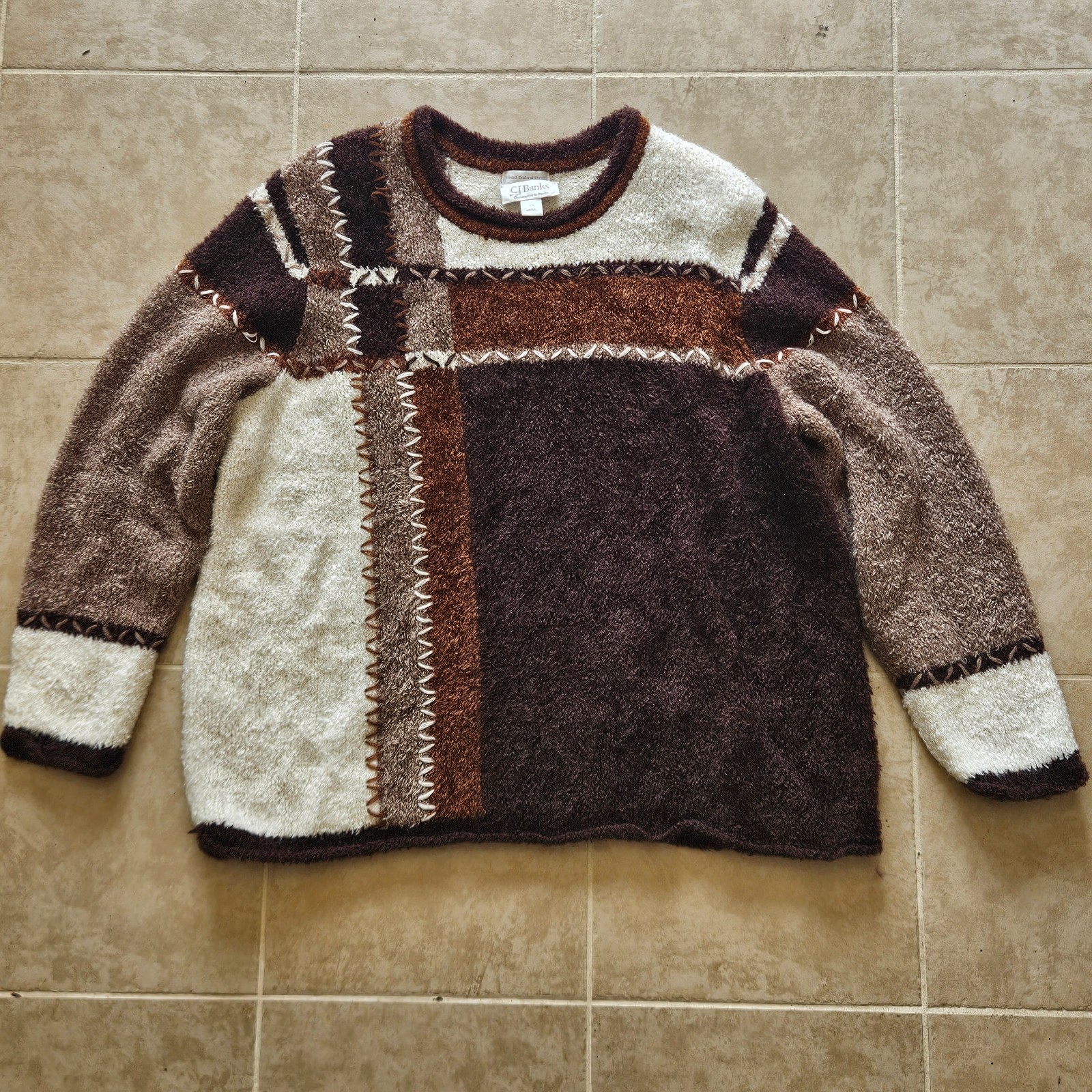 Vintage CJ Banks Sweater Womens 3X Brown White Tan Mohair Blend Fuzzy Pullover