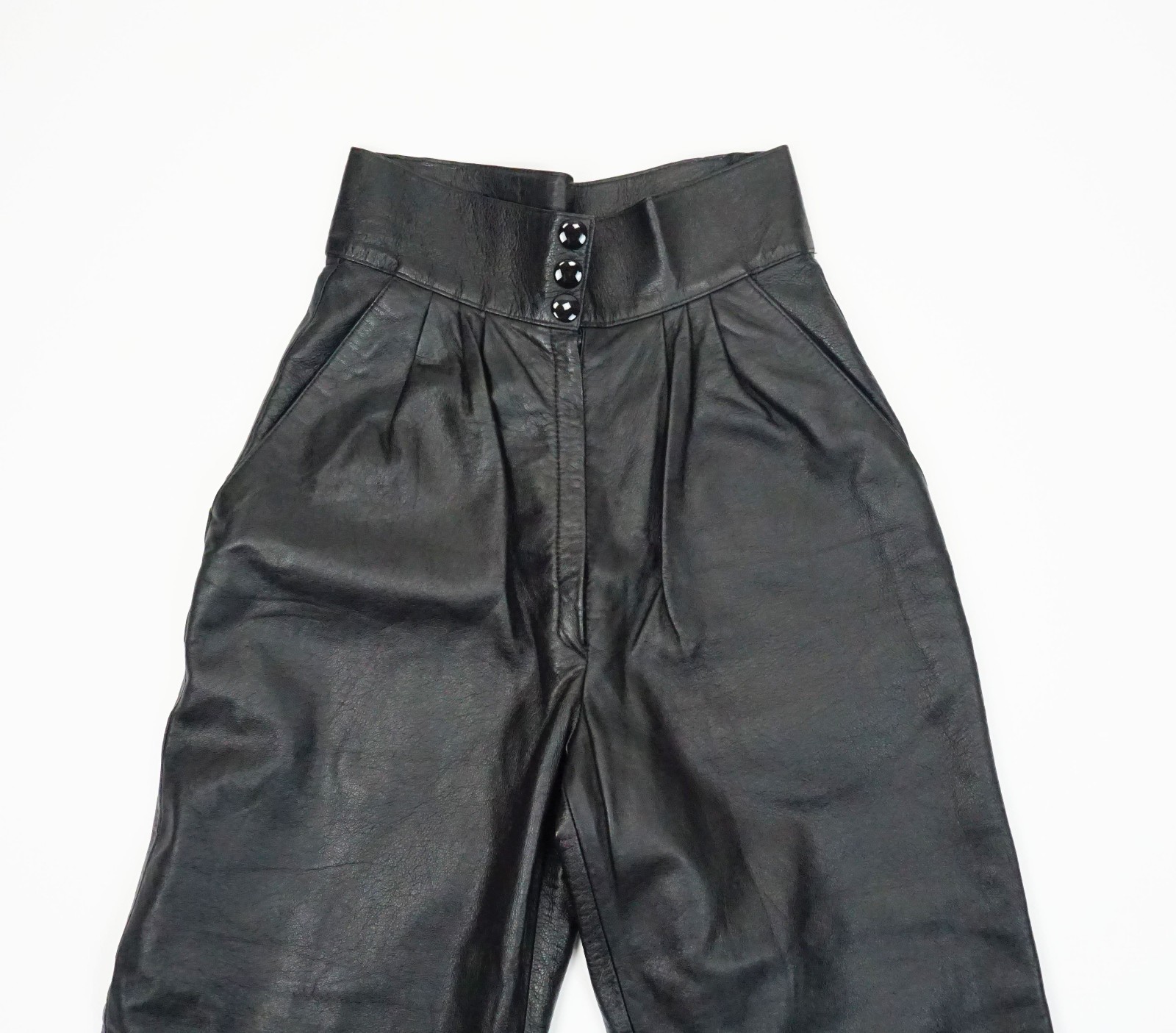 vintage 1980s high waist pleated leather pants black leather size XS