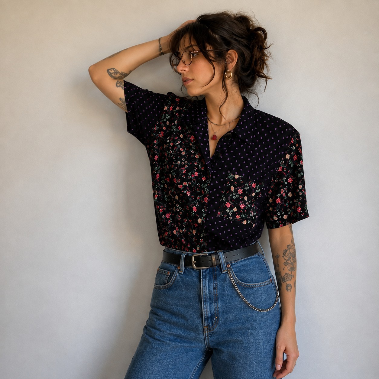 Vintage 90s Fritzi Black Floral Blouse Polka Dot Button-Up Women’s Medium M