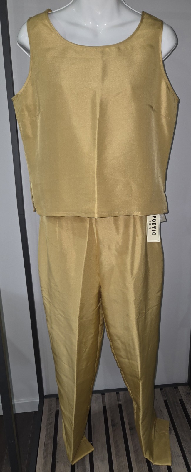 Vintage sz 8 Poetic Petite Gold Silk Outfit Sheer Pineapple Blouse Shell Pants