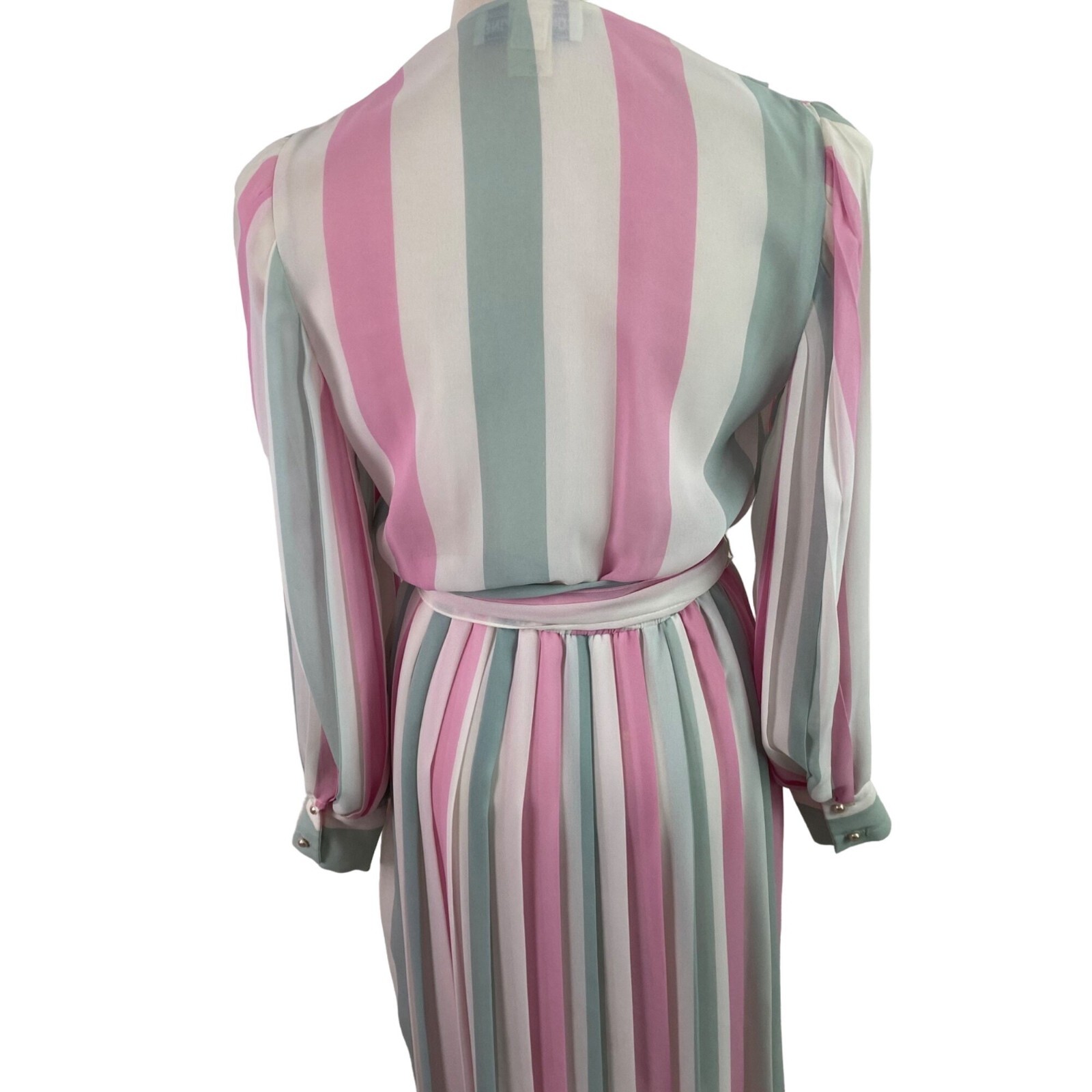 VTG 70’s Pink Blue White Pastels Striped Sheer Pleated draped Romantic Dress Sm