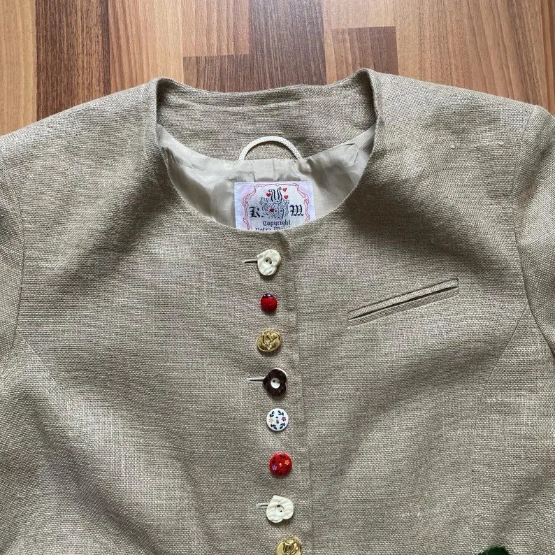 1980s Vintage Linen Blazer Novelty Bavarian Folk Trachten Jacket Retro EU 40