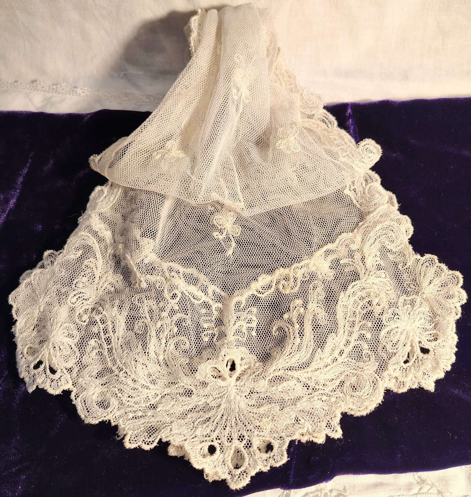 Vintage Lappet Scarf 36″ Ivory Net Lace Machine Embroidered Rectangle Runner