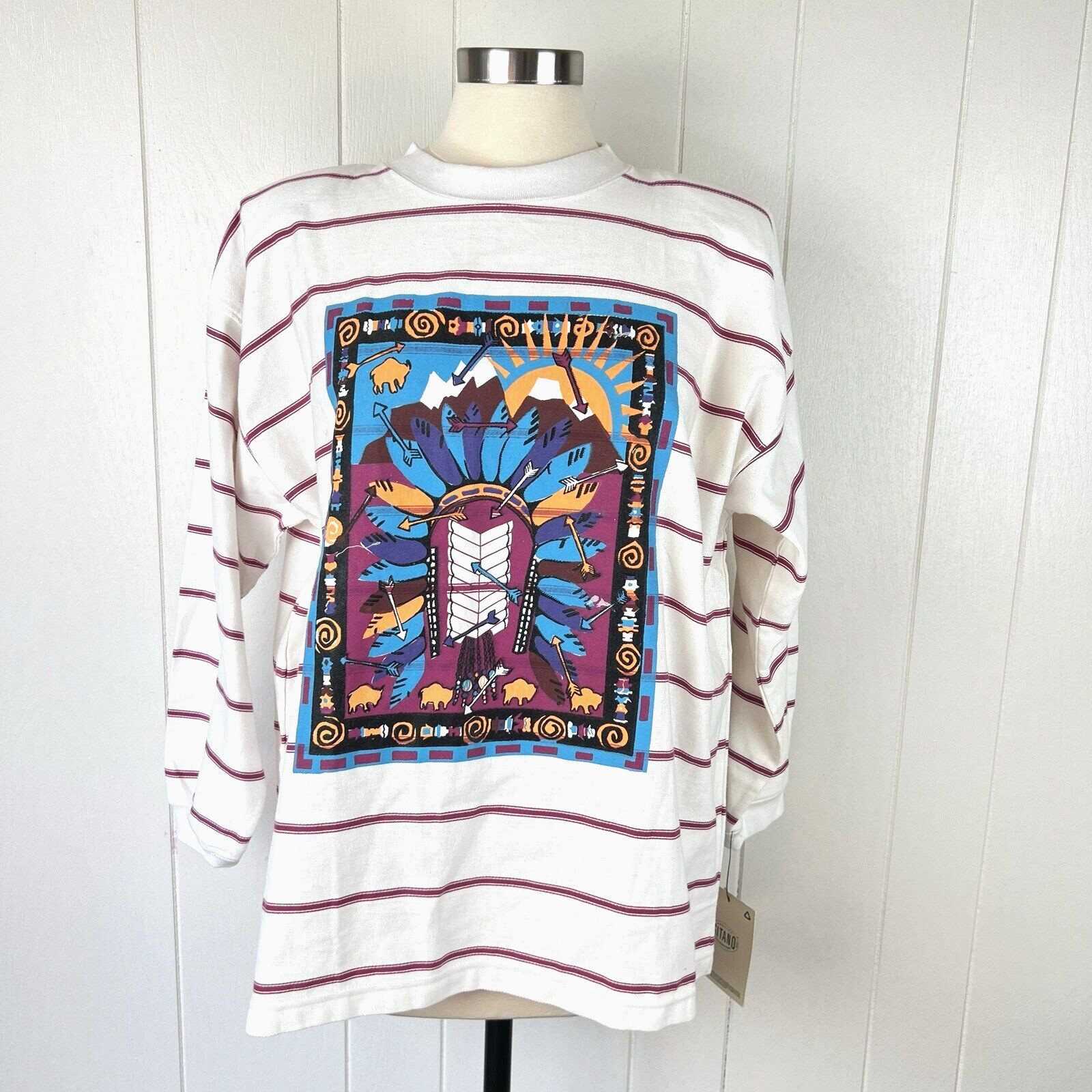 Vintage Gitano Womens Large Western Native Striped Pullover Top Shoulder Pads