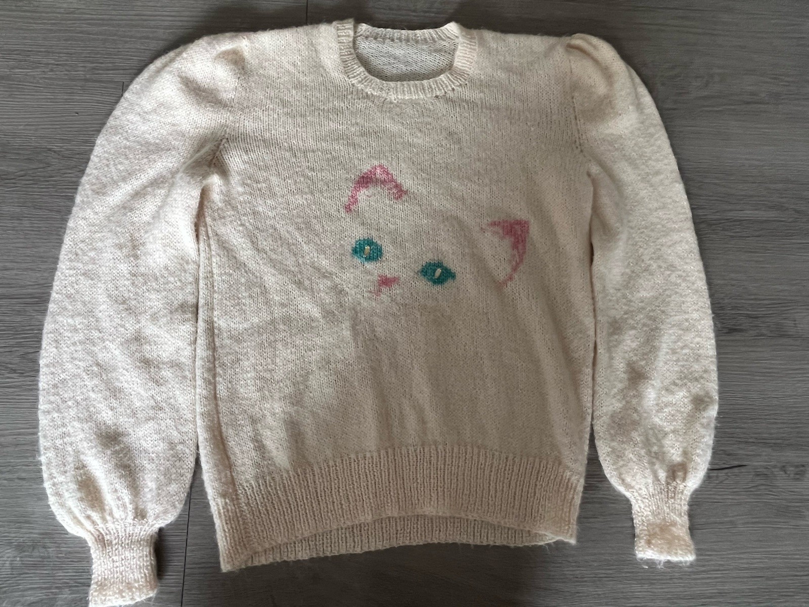 Vtg 80s Mohair Blend Knit Cat Sweater Cream Pink Teal Puffy Sleeve Kawaii Sz L