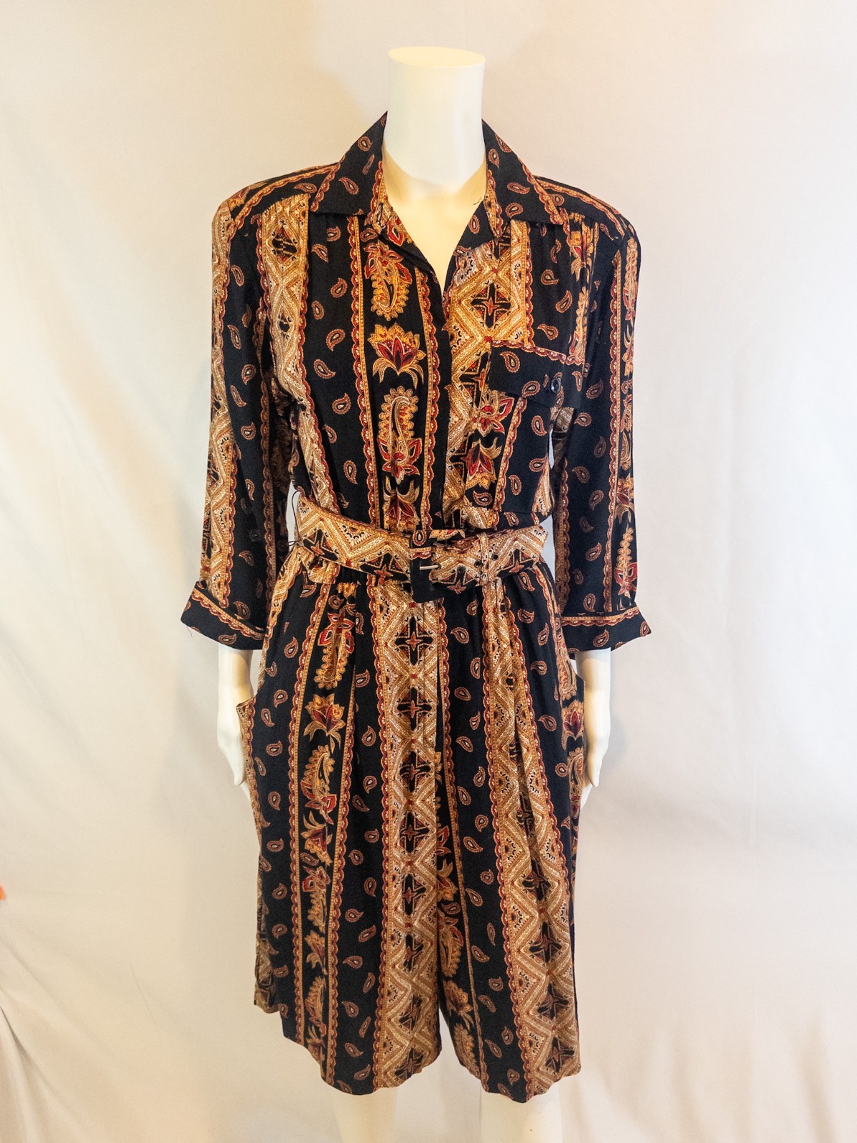80s Black, Gold and Red Paisley Belted Romper S.L. Fashions Made in USA