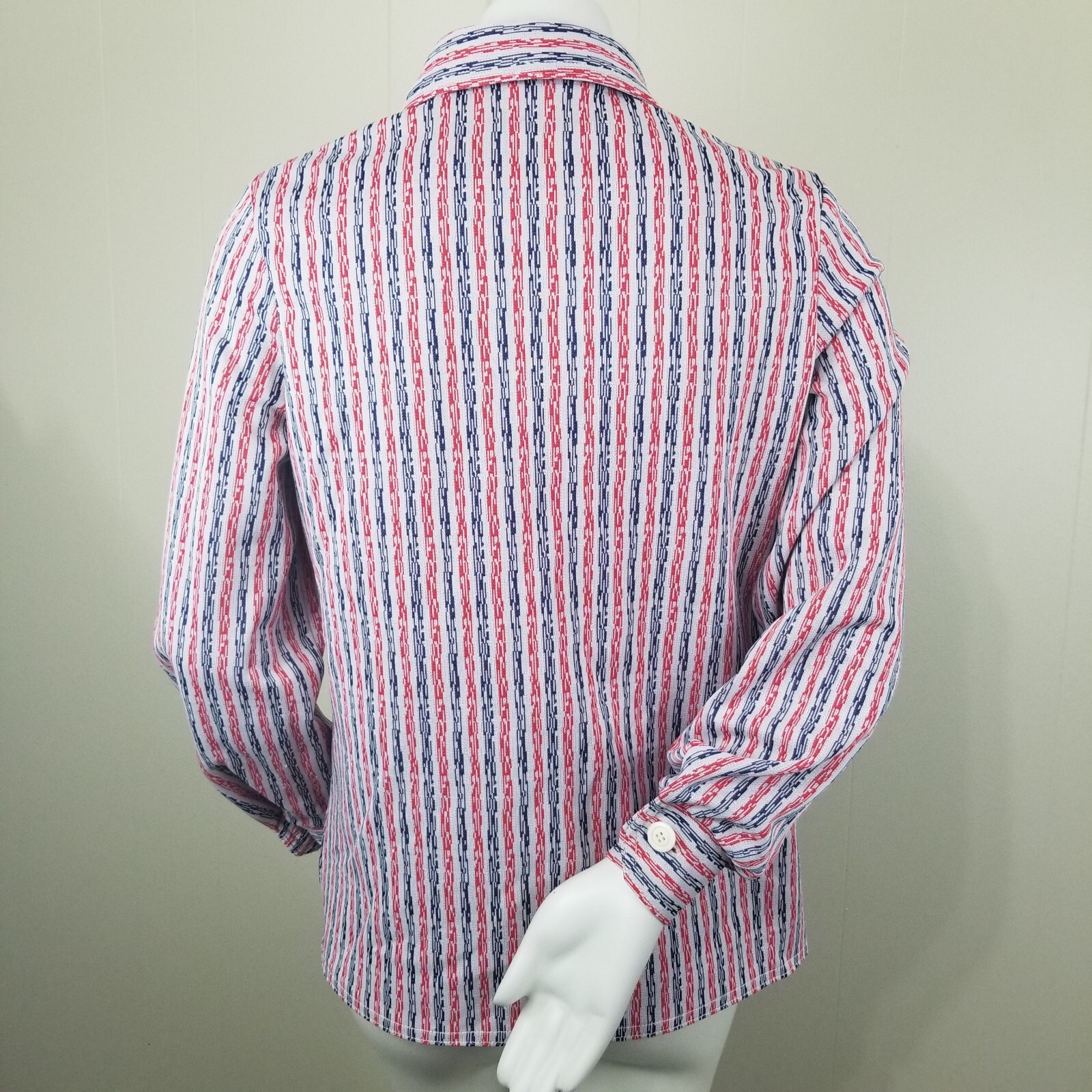 Vtg Big Collar Shirt 12 M 8 Red White Blue 70s Button Stripe Rockabilly Poly