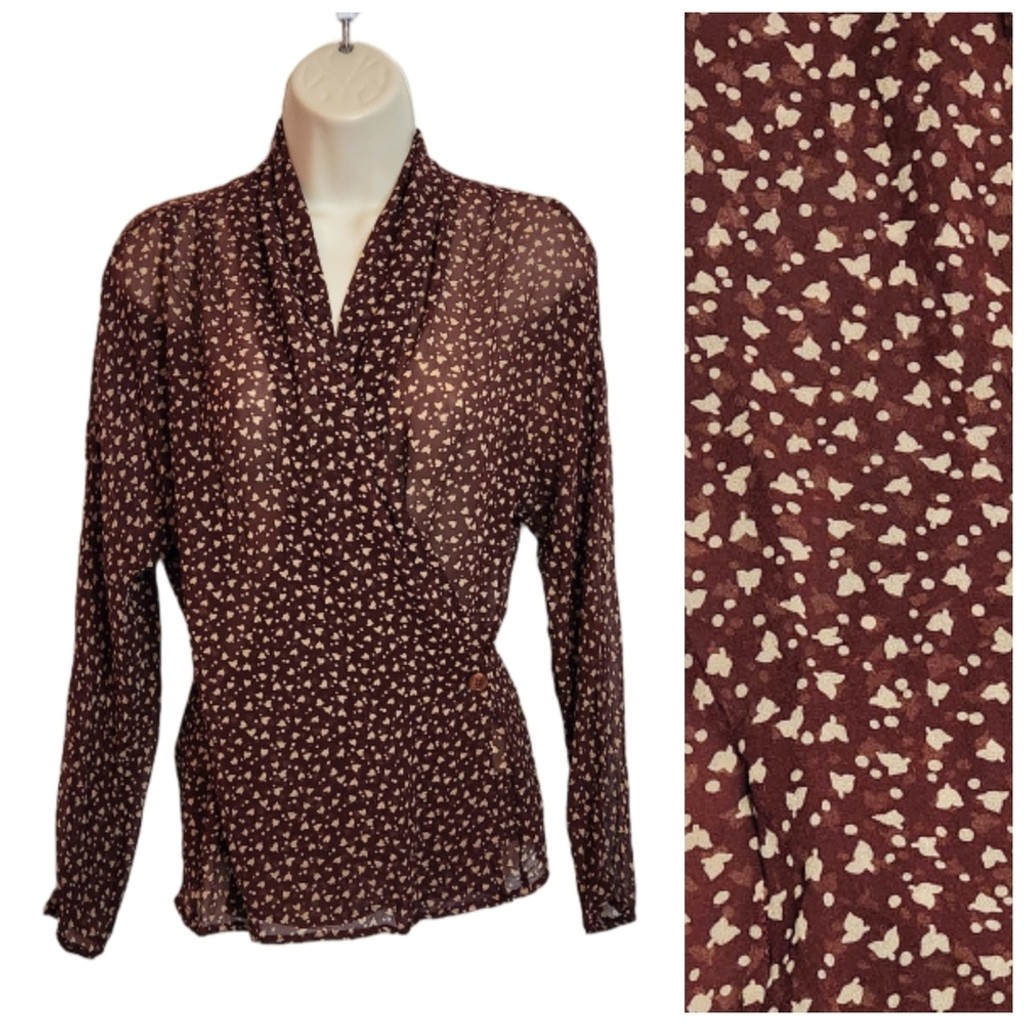 Vintage Ann Tjian For Kenar Silk Floral Wrap Sheer Blouse Top Brown/Beige Small
