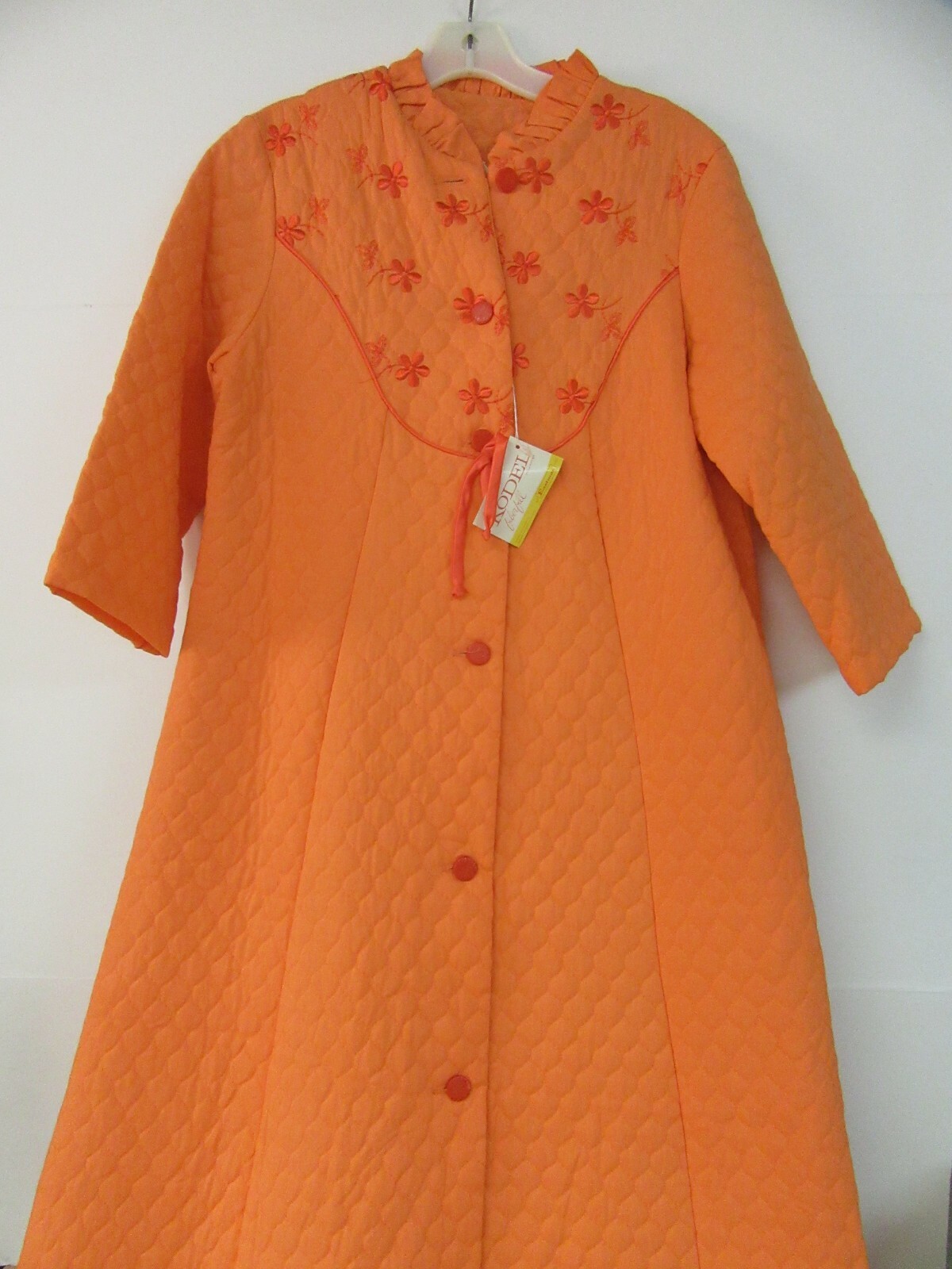 Vintage Kodel Quilted House Coat Orange Size 14 Button Front 1 Pocket