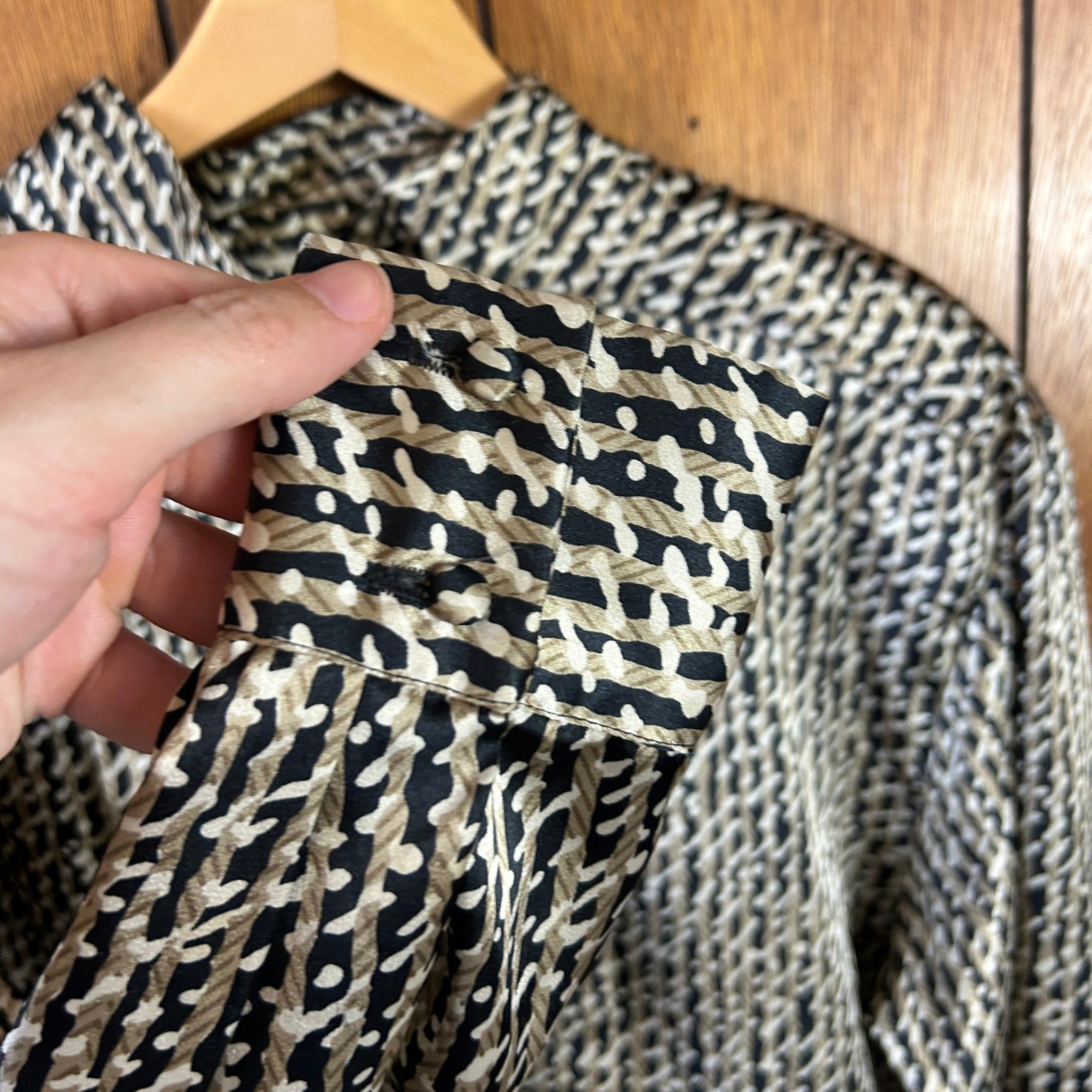 Vintage Alexandria Mock Neck Blouse Black Tan Geometric Abstract Print Top