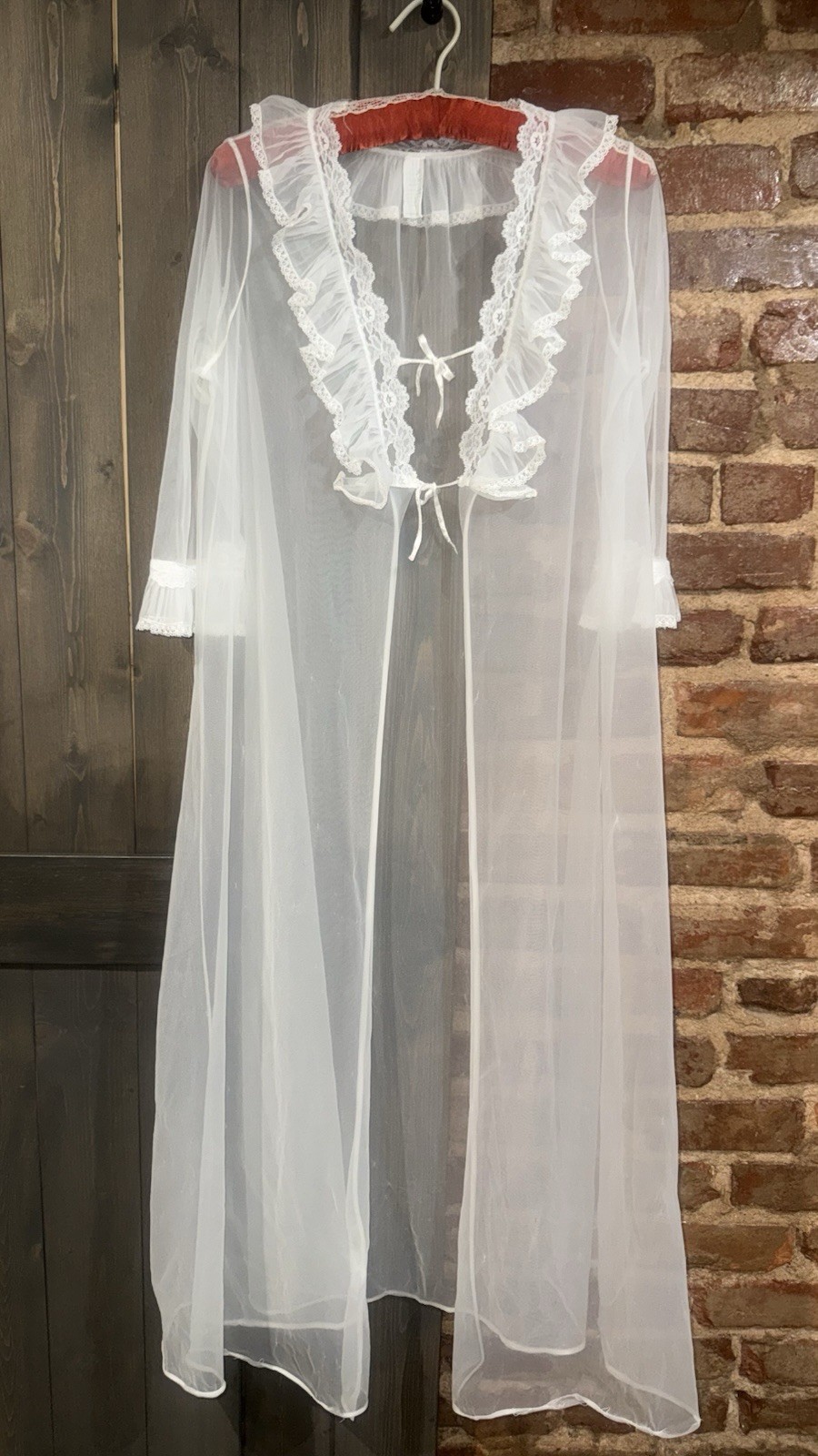 VTG Lorraine White Sheer Nylon Lace Collar Ruffle Sz S Peignoir Bridal Tie Front