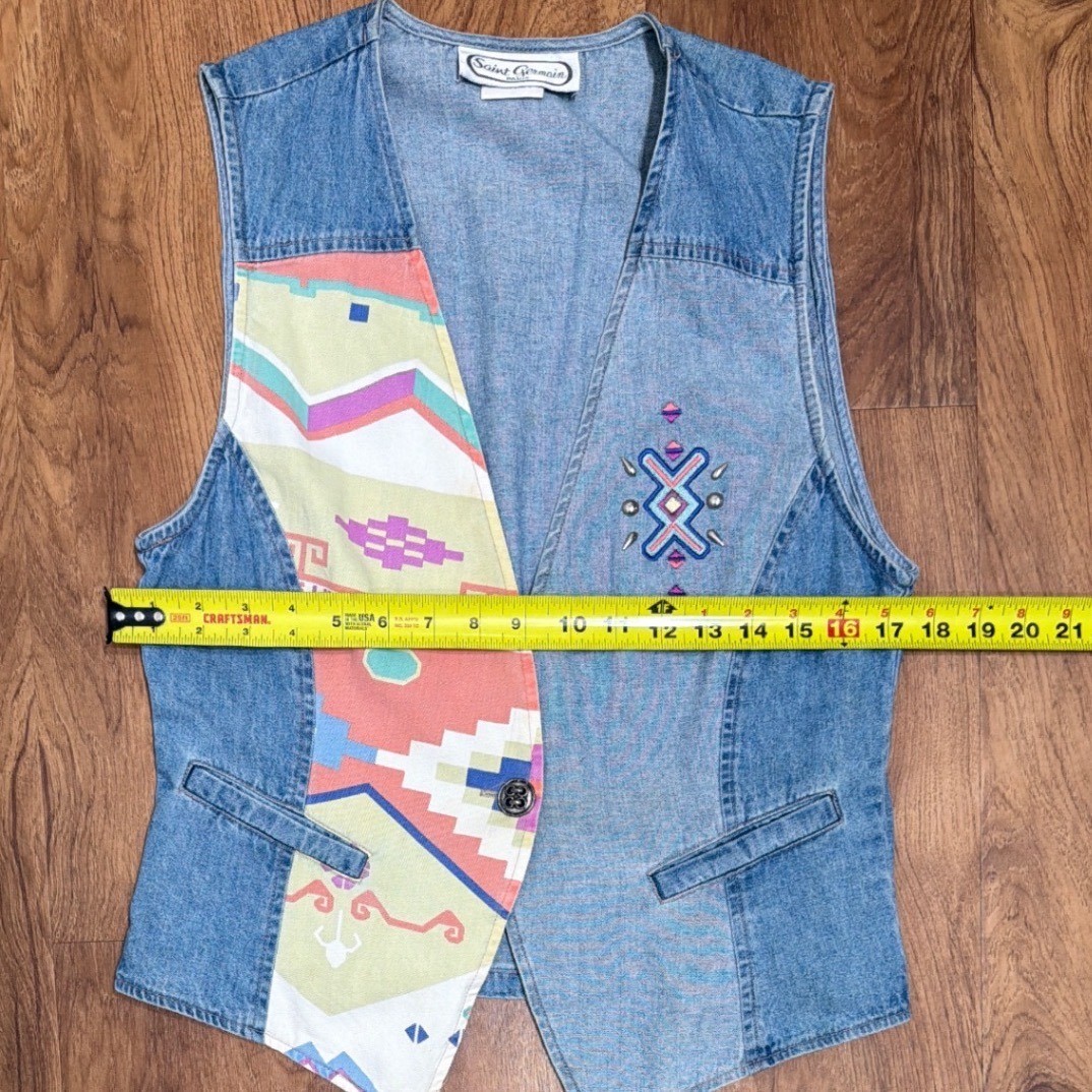 Saint Germain Paris Vintage Denim Vest Southwestern Studded Blue Medium Petite