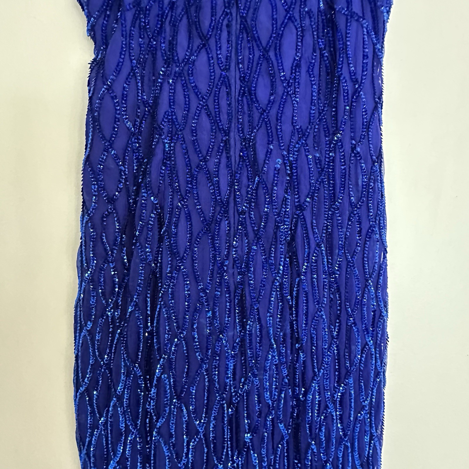 Vintage LAURENCE KAZAR Royal Blue BEADED Sequin Silk HALTER GOWN Long Formal M