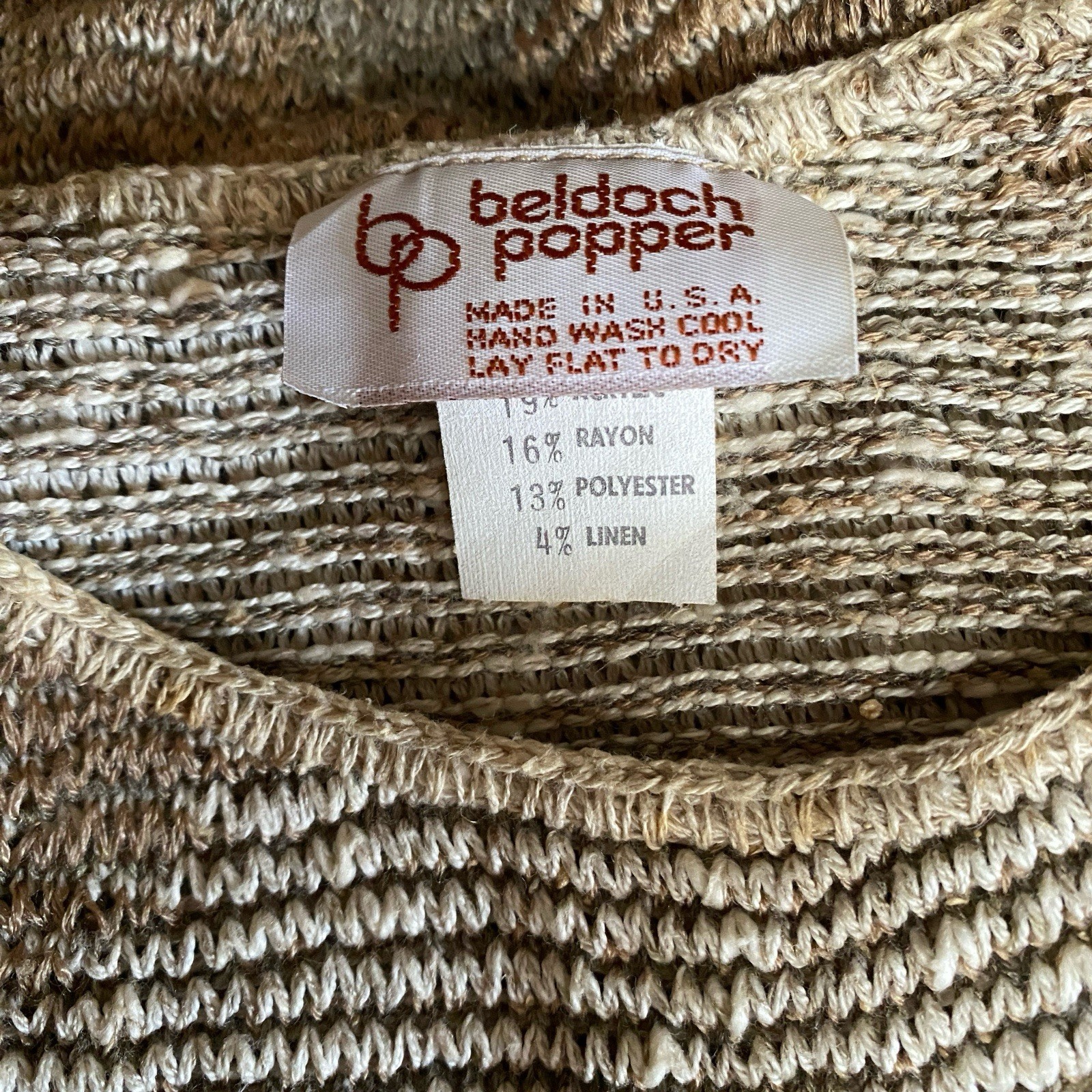 Beldoch Popper Brown Knit Sleeveless Pullover Sweater Vest 70s Elastic Waist