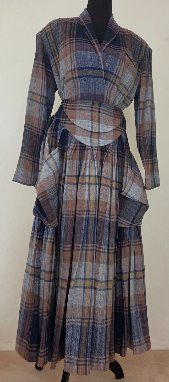 Vintage Norma Kamali Two piece Dirndl style skirt Set in Blue and Beige Plaid
