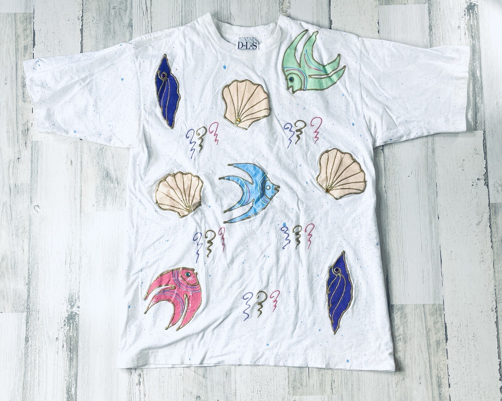 Vintage 80s Seashell Tee Fish Puffy Paint Embellished Tunic Shirt Large Beach