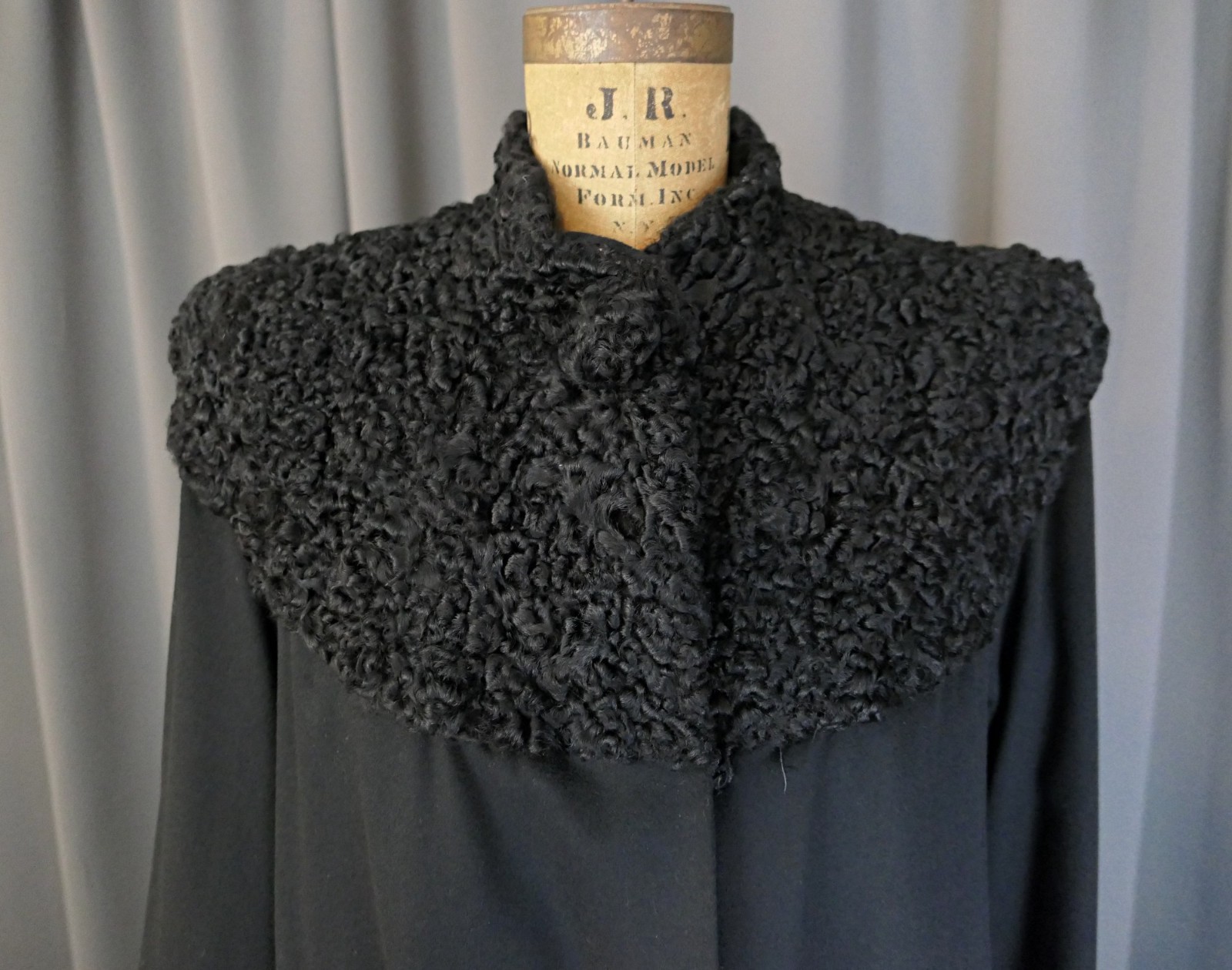 Vintage 1940s Black Wool Coat Winter with Persian Lamb Fur Collar, 40 inch bust