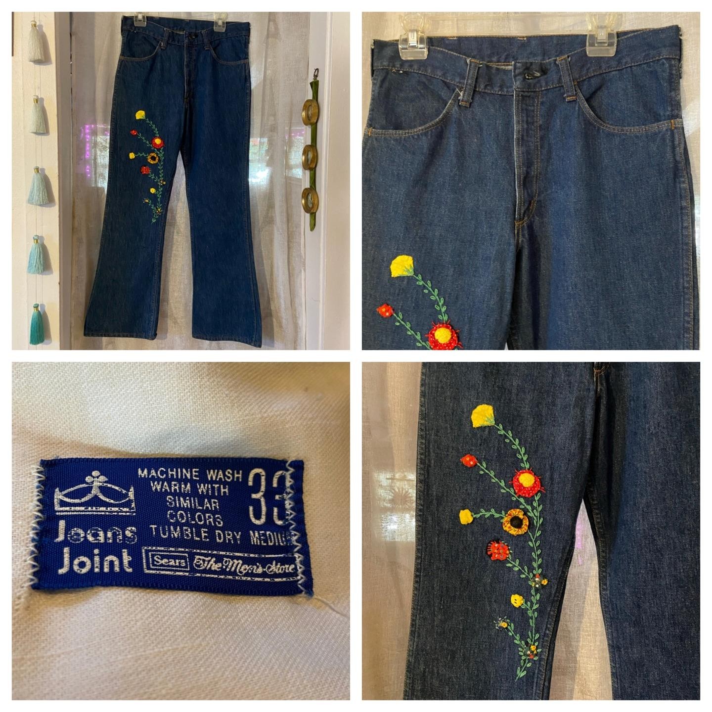 vtg 70s Sears JEANS JOINT Indigo High Waist Jeans Floral Embroidery Hippie 33×31