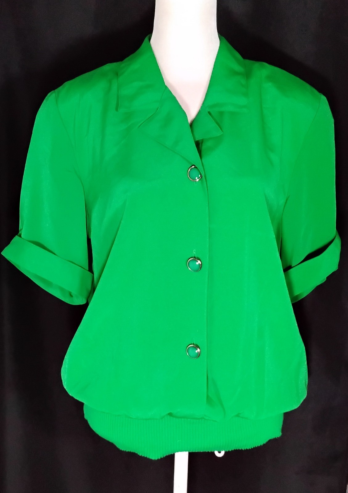 Vtg 80s Caron Petite Chicago Green Blouse Elastic Waist Short Sleeves Sz 8 USA