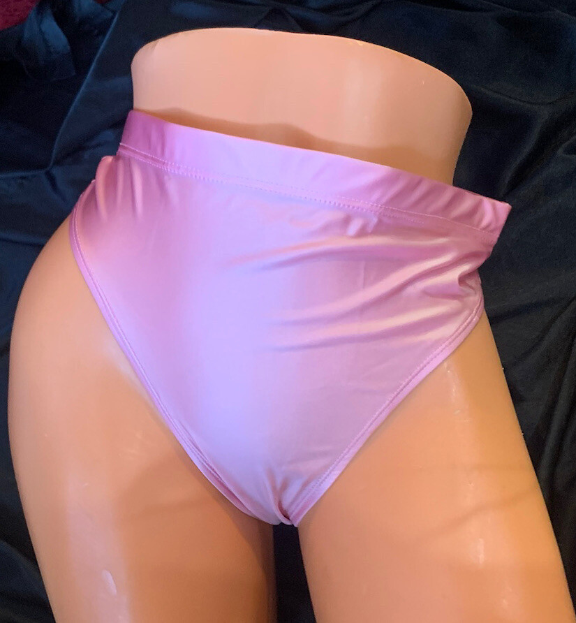 Shiny Wet Look Light Pink Satin Spandex Hi Cut Leg & Waist Thong Panties Sz Med