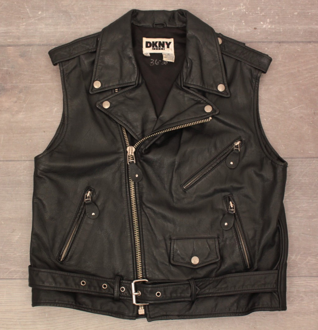 VTG Women’s 90s DKNY Black Leather Biker Jacket Vest Sz M 1990s Motorcycle