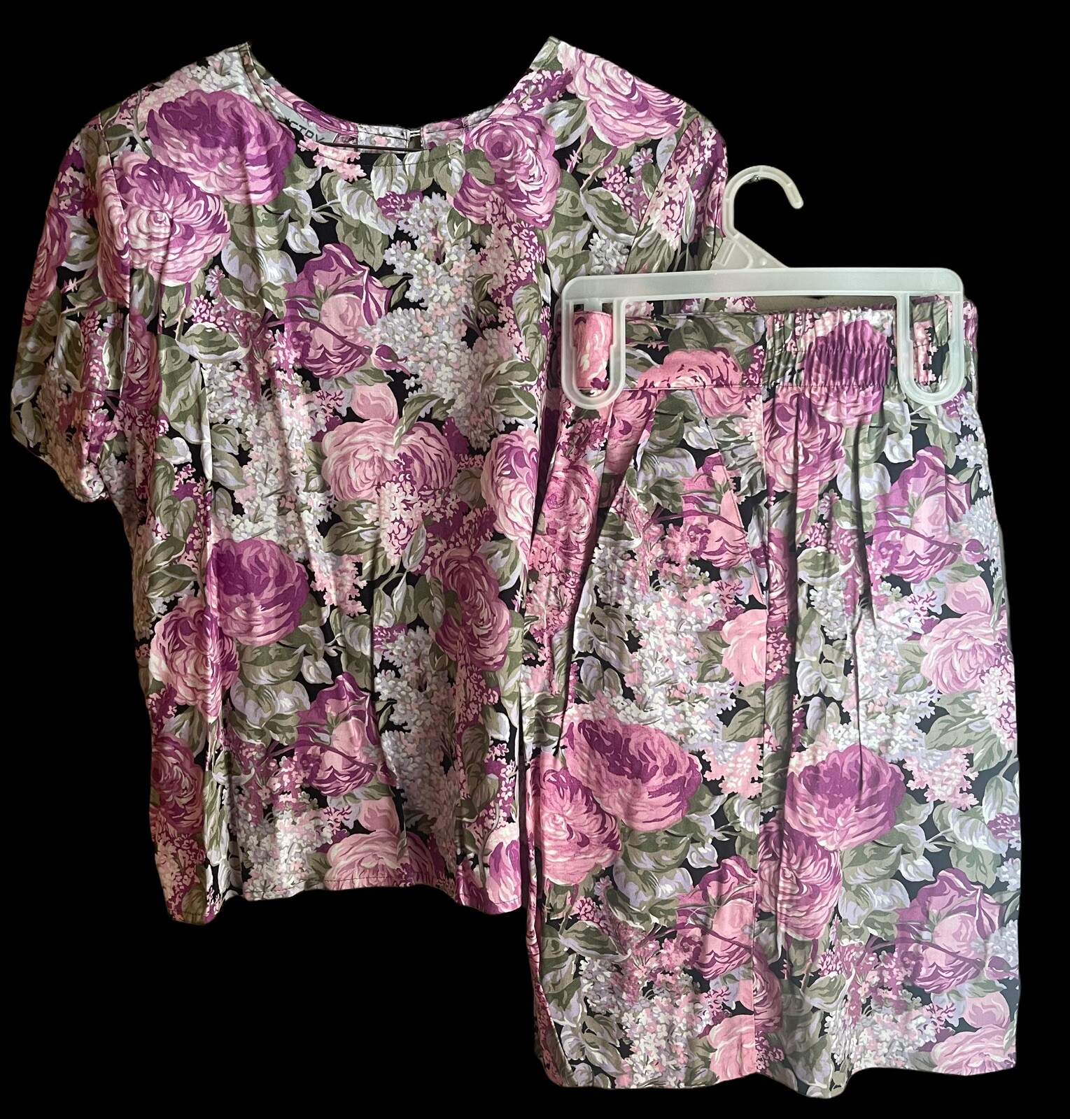 VTG 80s Langtry Floral 2 Piece Jumper Shorts Blouse Pink Flowers Medium Mom