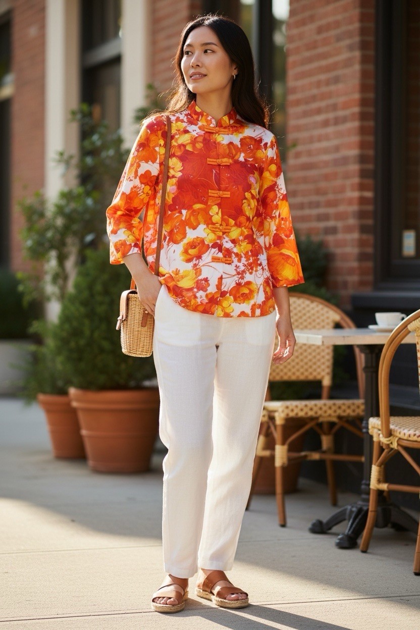 Vintage 60s Paradise Hawaii Tea Timer Mandarin Collar Blouse Frog Closure Flower