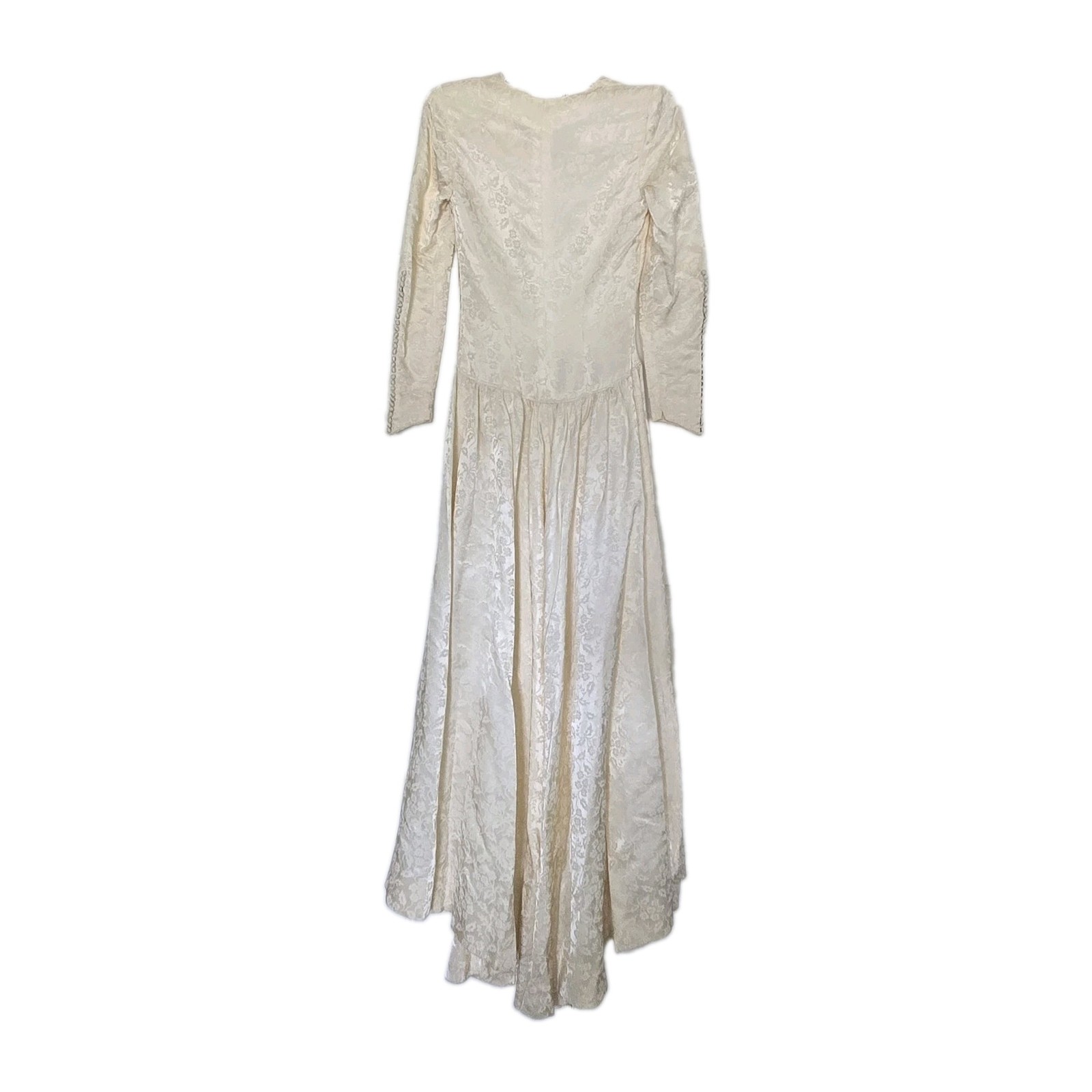Vtg 80s Jacquard Ivory Floral Wedding Gown, Buttons, Romantic, XS, 0/2