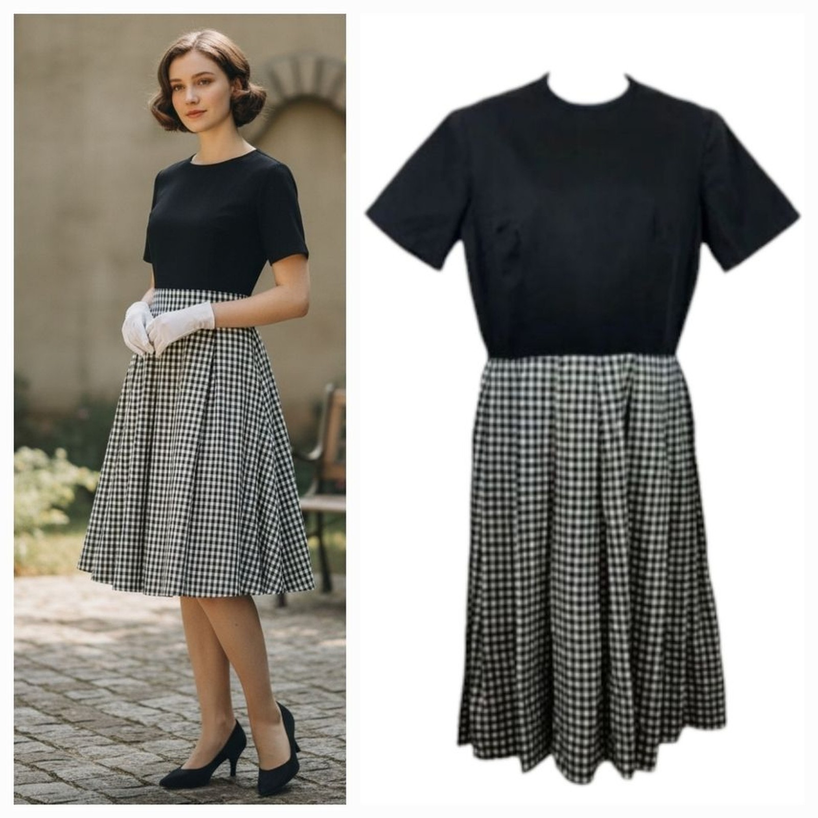 Vintage 50’s 60’s Handmade Gingham Fit and Flare in Black/White Dress Size Med