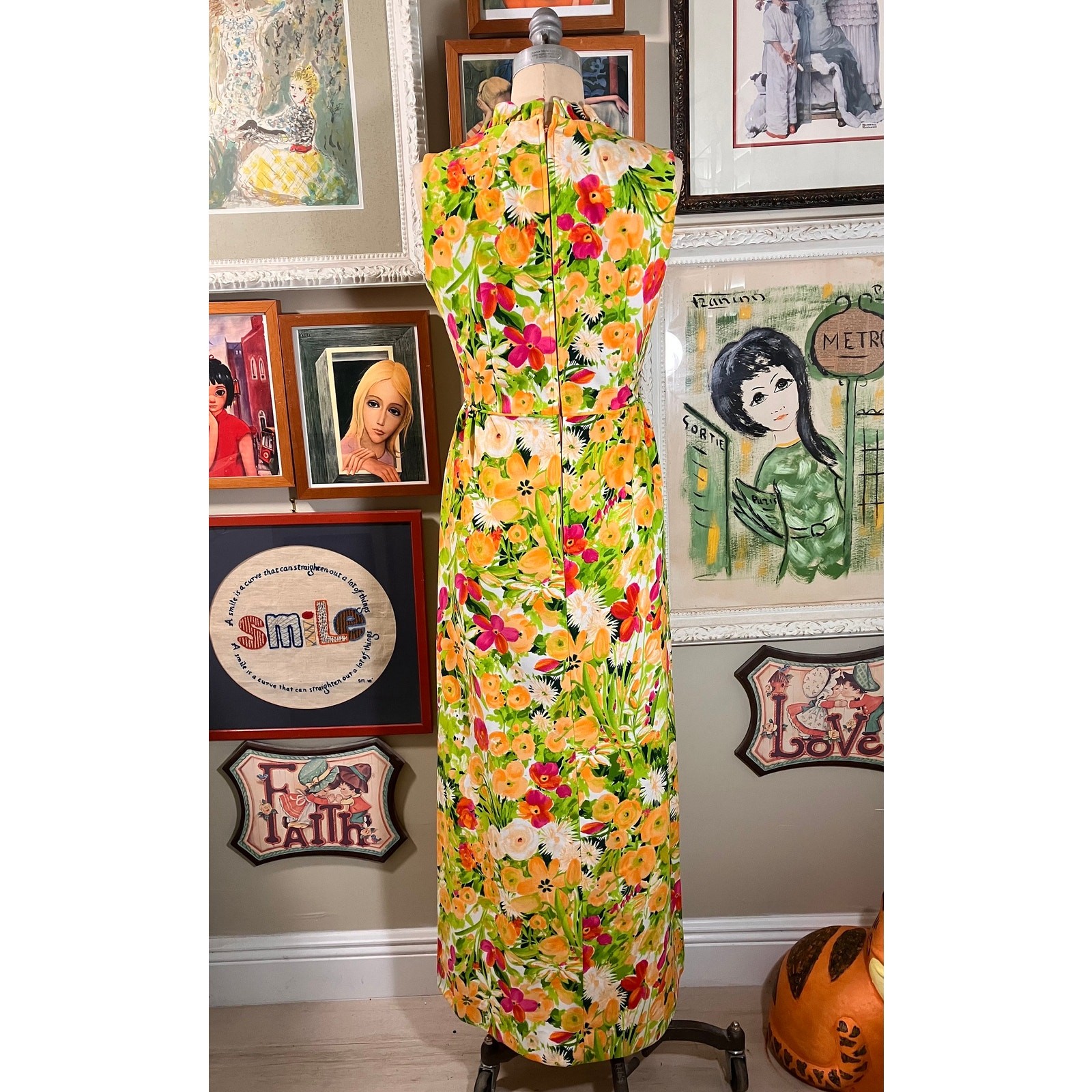 70s Hawaiian Floral Print Maxi Dress Multicolor Polyester 1-Inch Stand Up Collar