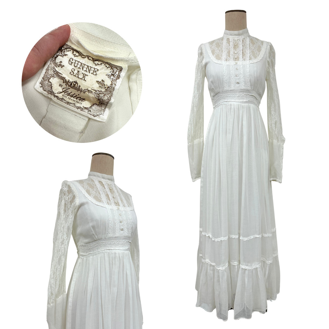 Vintage 1970s Gunne Sax Jessica McClintock White Lace Sleeve Victorian Dress