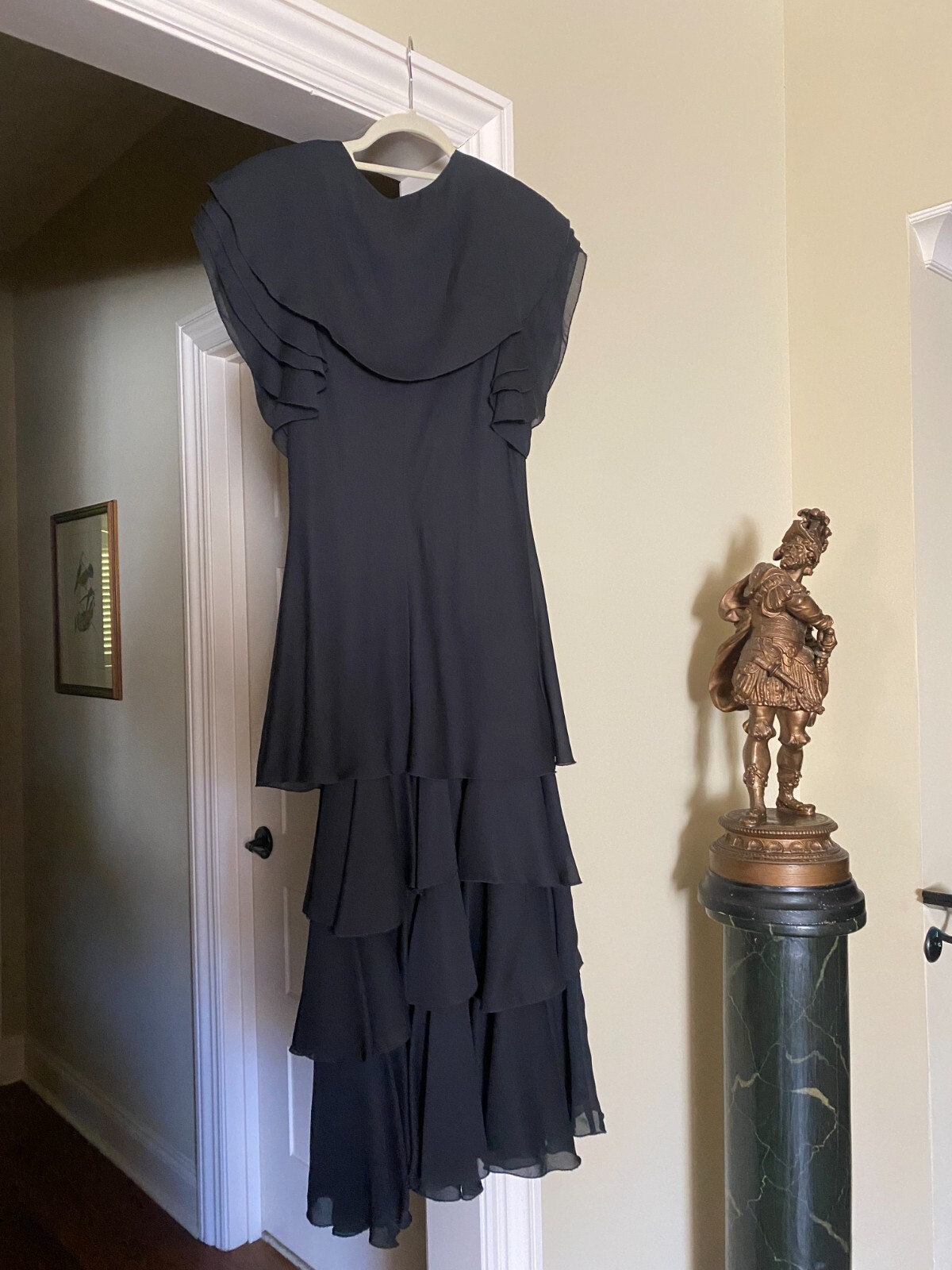 Vintage 1980s Black Chiffon Layered Ruffle Rosette Gown Classic Fairy