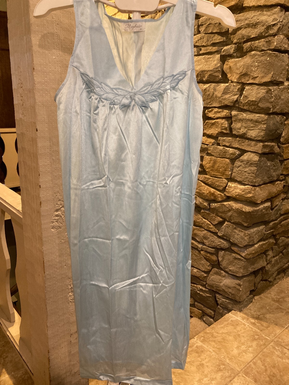 Mayfair Nylon Nightgown, Size Small, Blue, Sleeveless, Made in USA, vintage