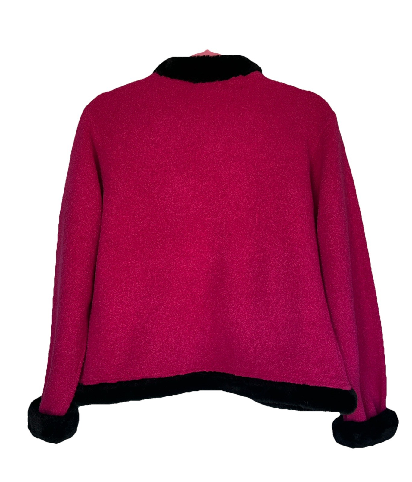 VTG Inspired By Bellepointe Fuscia Lambs Wool Cardigan Black Faux Fur Trim NICE