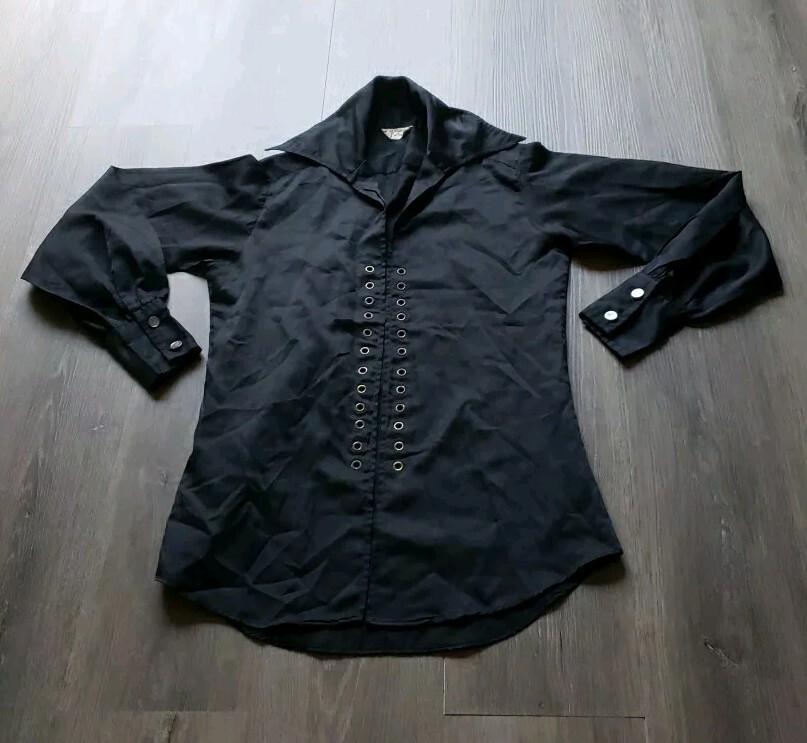 VTG 70s Morgan Black Disco Shirt JRS 11/12 Grommets Point Collar Costume Hippie
