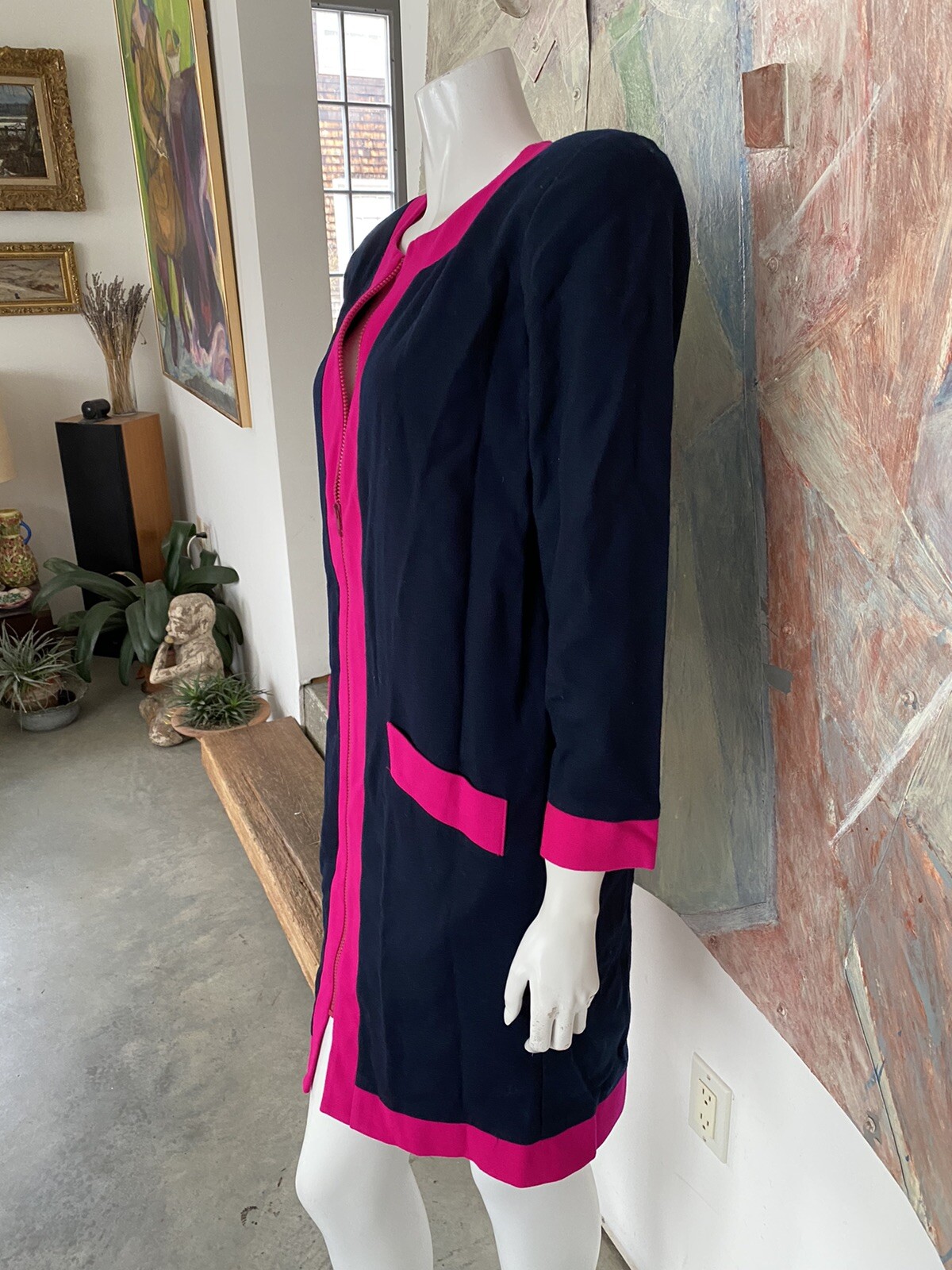 Vintage Henri Bendel Neon Pink Blue Wool Shift Zippered Pocketed Dress Size 8