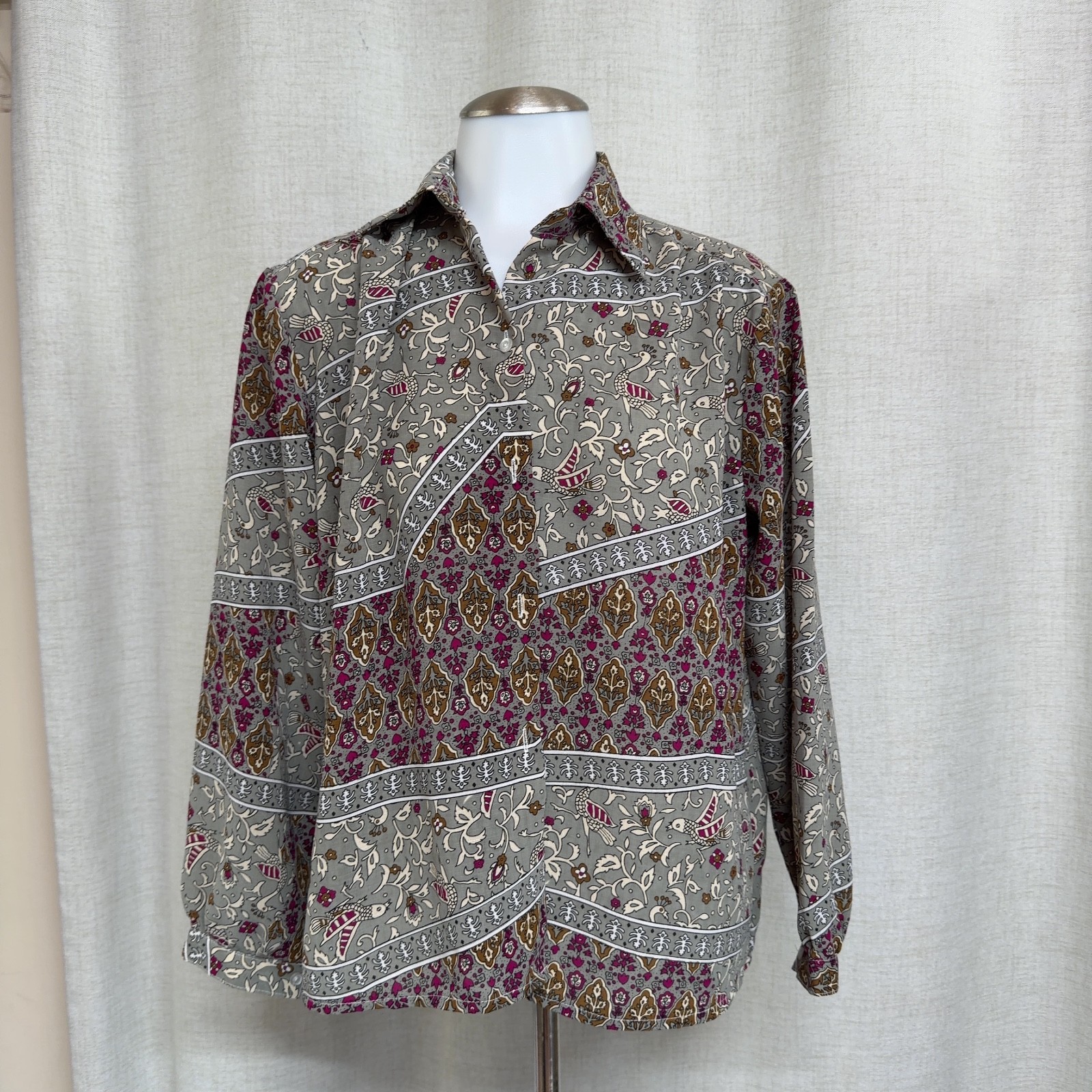VINTAGE Grey Floral Bird Print Button Up Blouse shirt Long Sleeve 15 / sz L RC