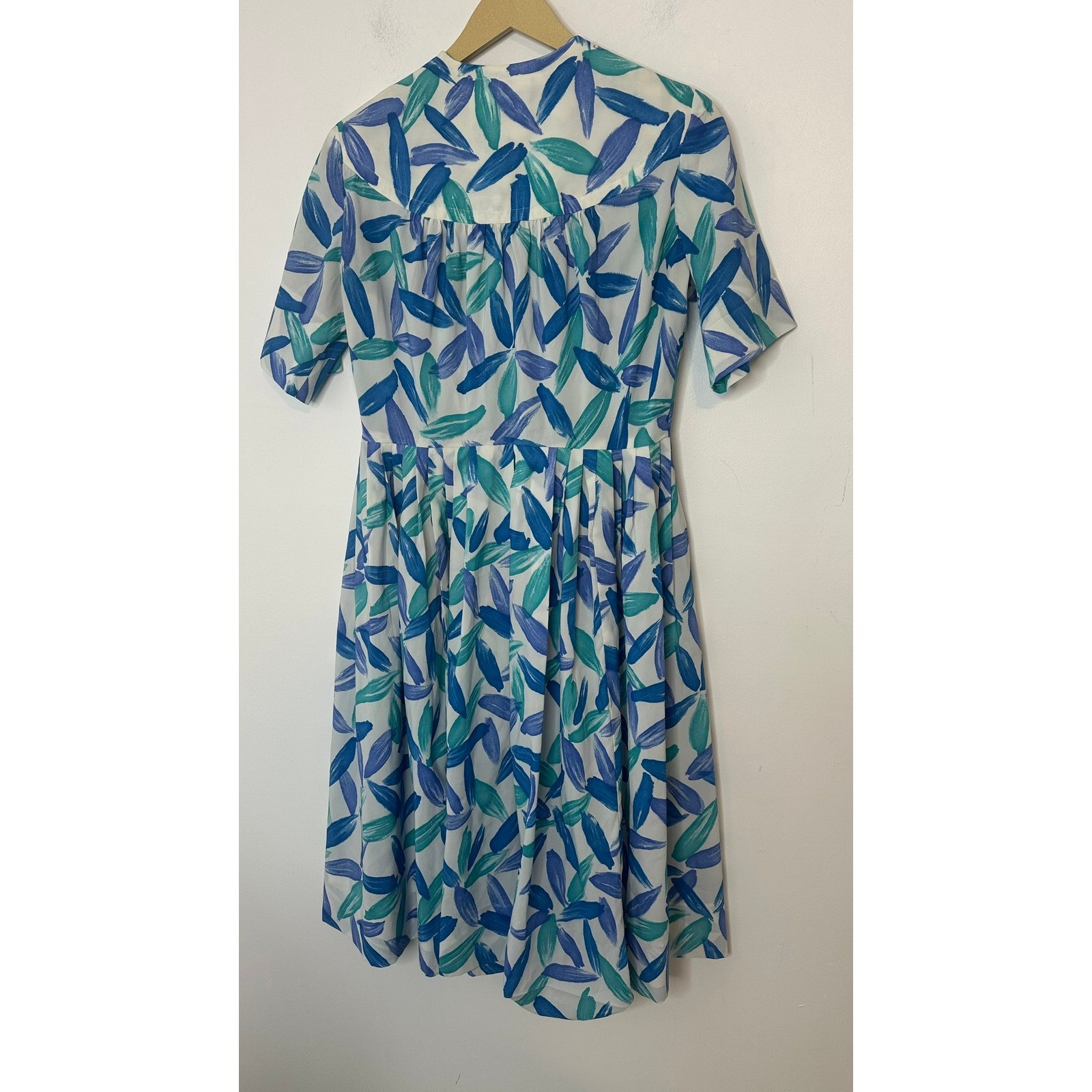 Vintage 80’s Floral Shirt Dress Women 6 Blue Teal Leaf Print Vintage Knee Length