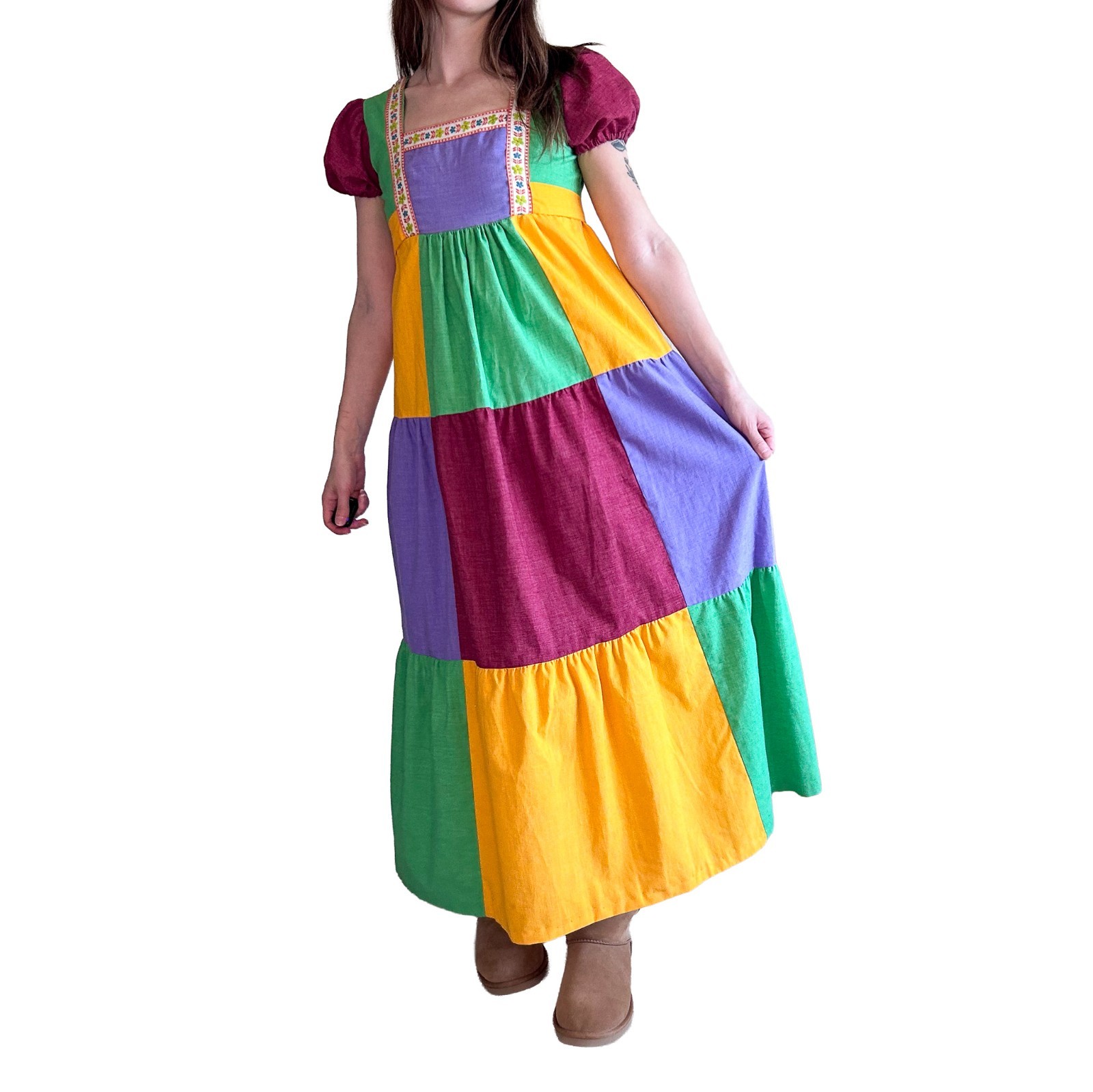 Vintage 70s Handmade Patchwork Prairie Maxi Dress Psychedelic Renaissance XS