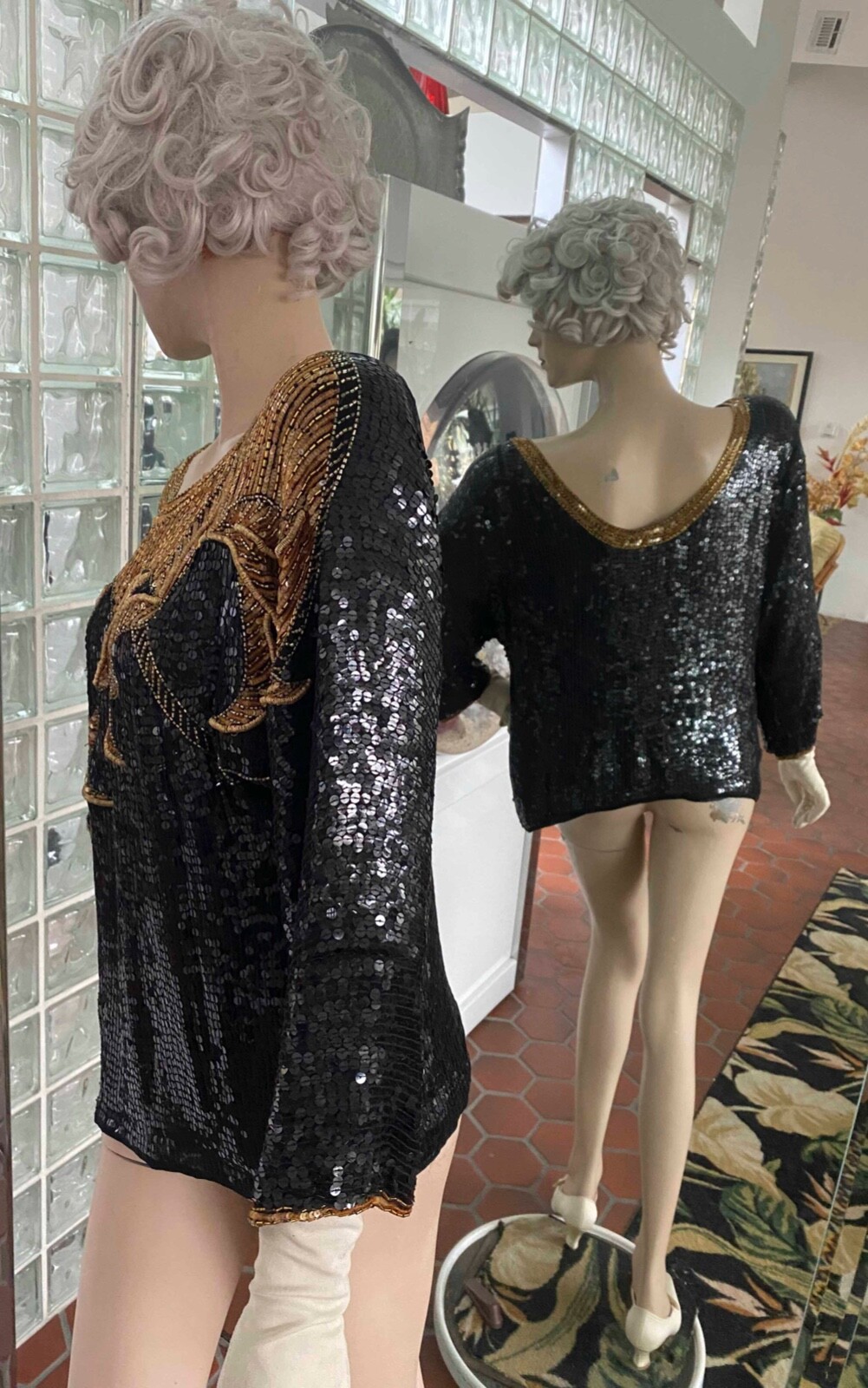 Judith Ann Creations Sequin Beaded 100% Silk Black Gold Top Evening sz L VTG 90s