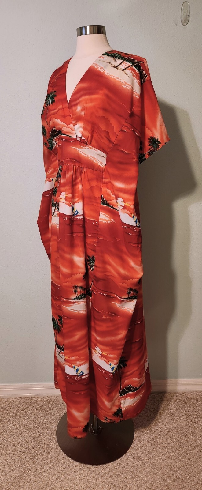 Vintage 1970s Red Sailing Hawaiian Tropical Beach Maxi Kaftan Back Tie One Size