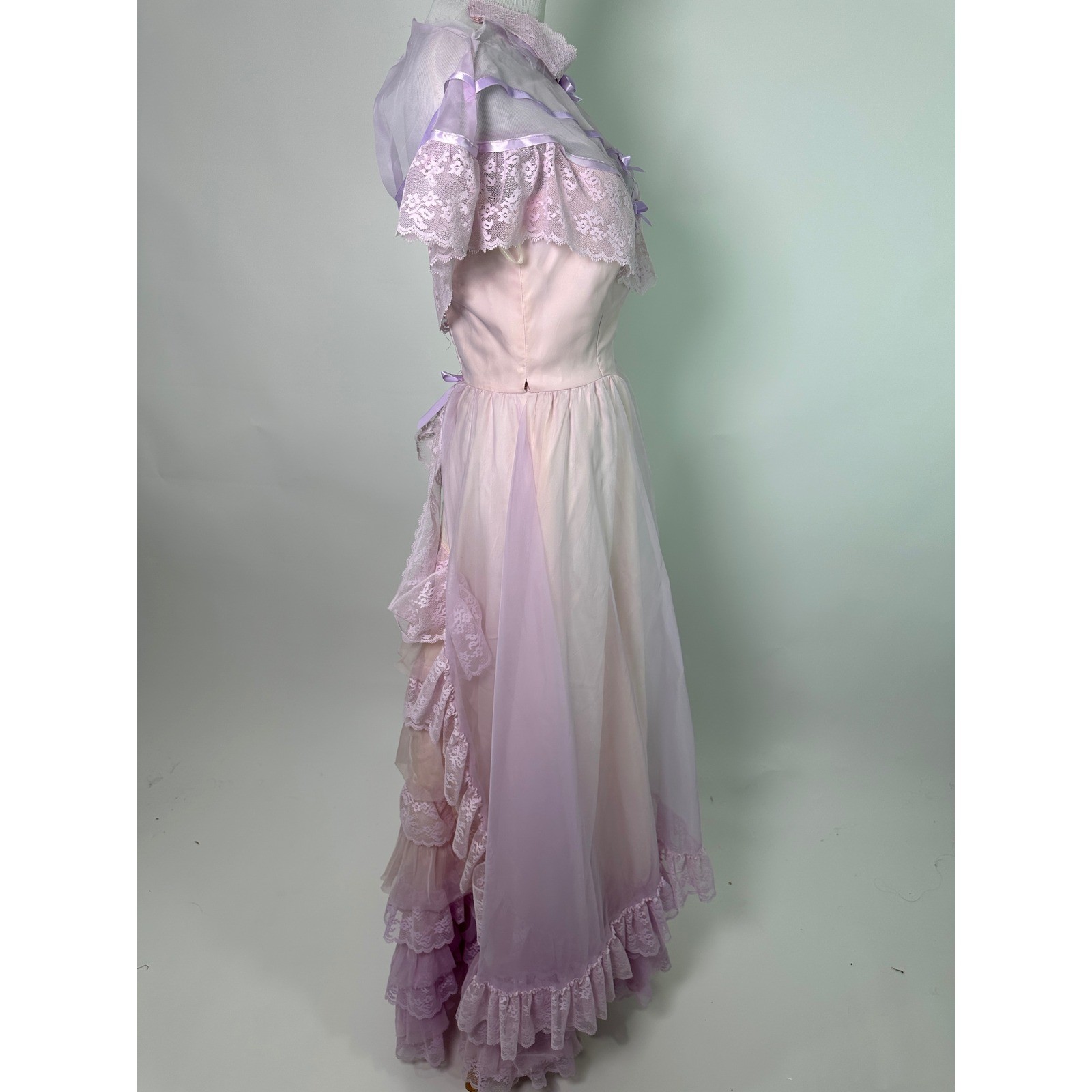 Vintage 70s Lilac Prairie Cottagecore Cupcake Dress Tulle Lace Boho Maxi Gown