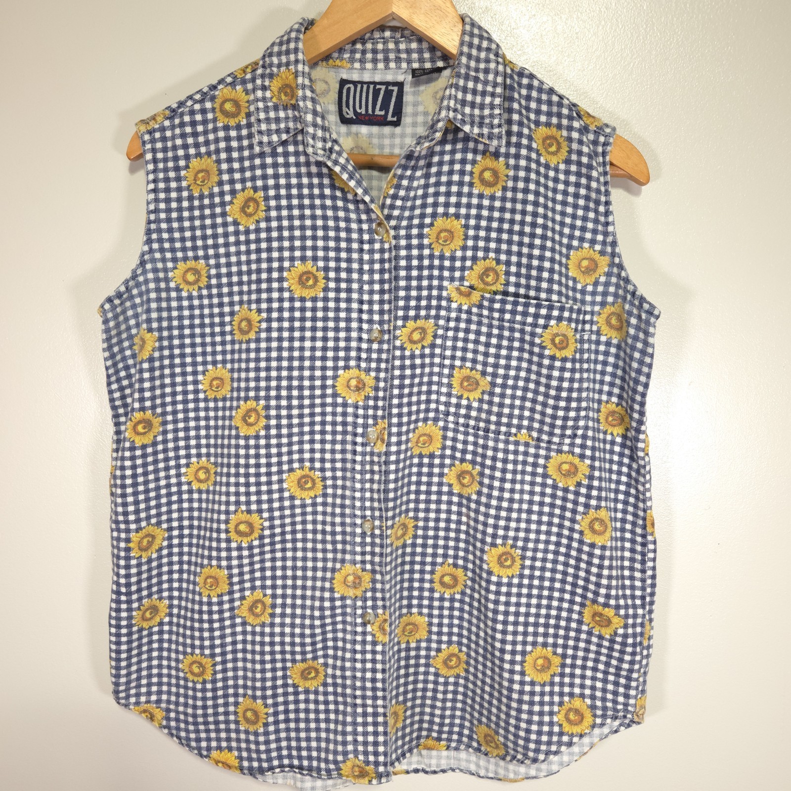 Vintage Quizz New York Vest Women’s M Chambray Navy Gingham Sunflower Cotton